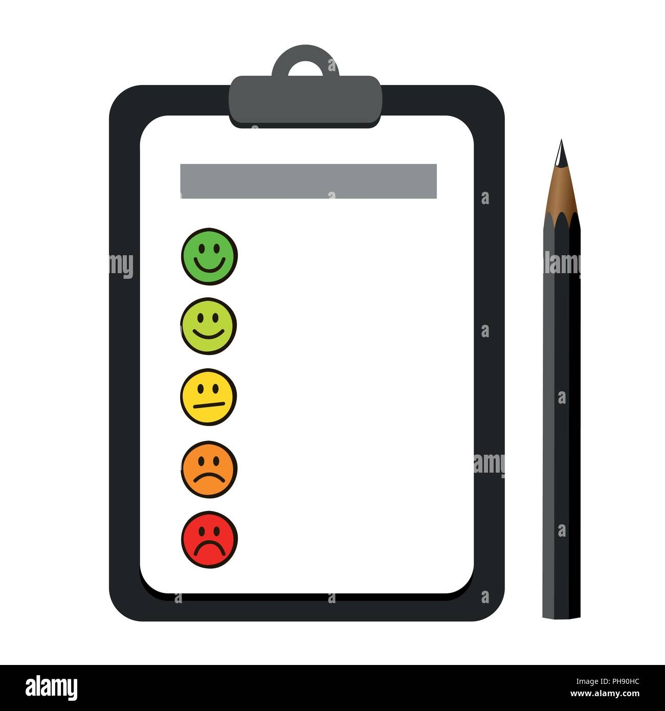 Emoticon Smiley Rating Icons On A Clipboard With Dark Pen Vector Illustration Stock Vector Image Art Alamy