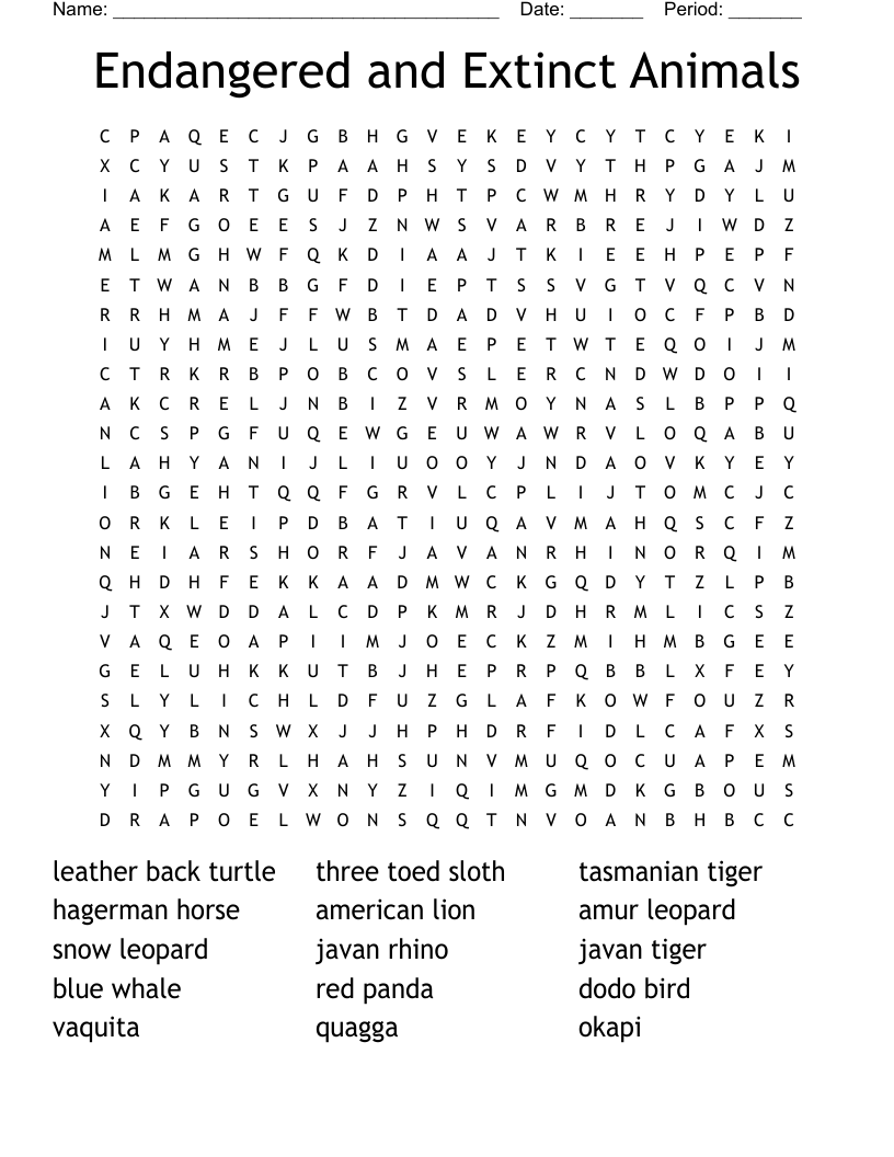 Endangered And Extinct Animals Word Search WordMint