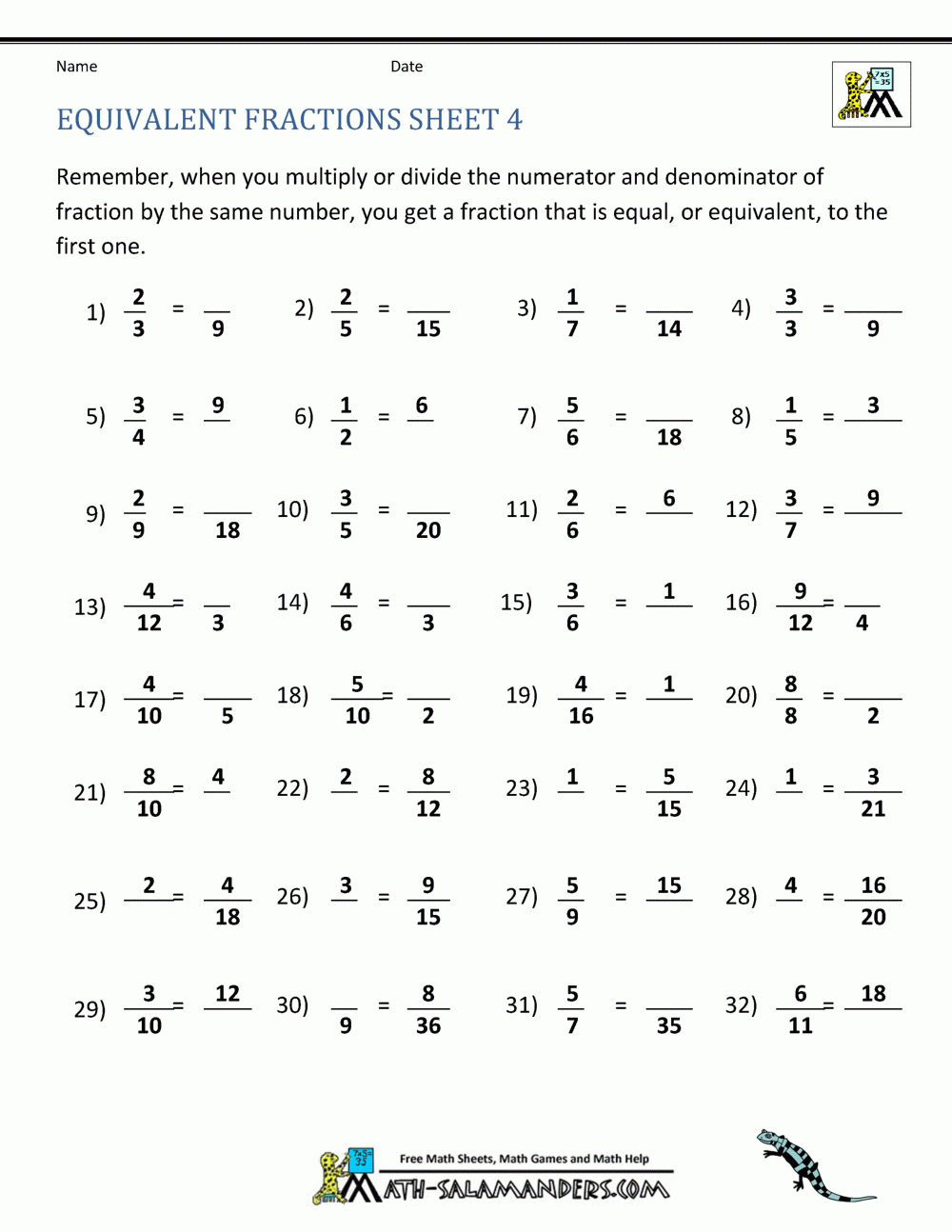 Equivalent Fractions Worksheet Equivalent Fractions Worksheet