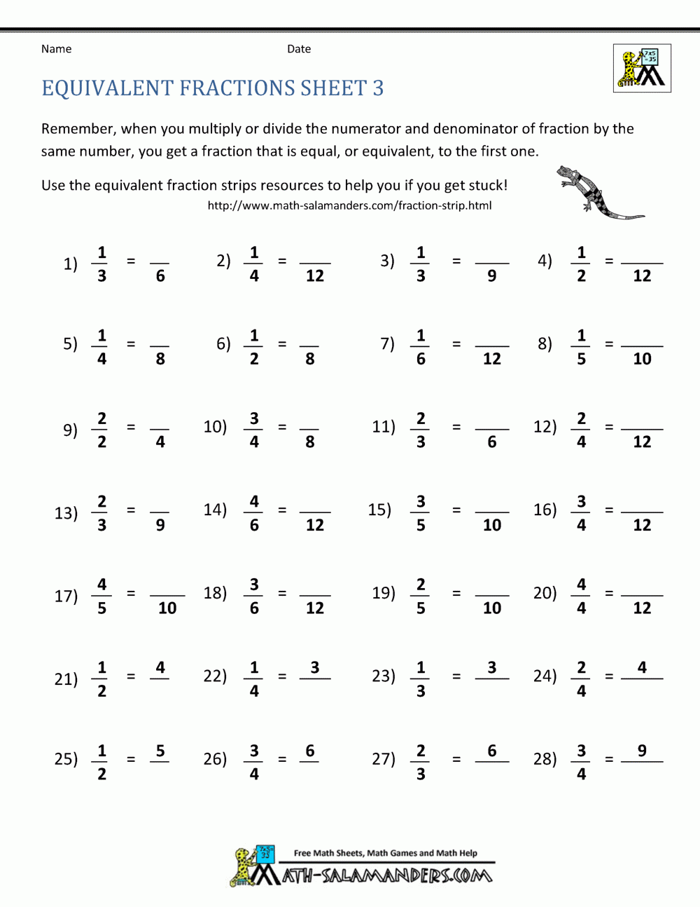 Equivalent Fractions Worksheet Equivalent Fractions Worksheet