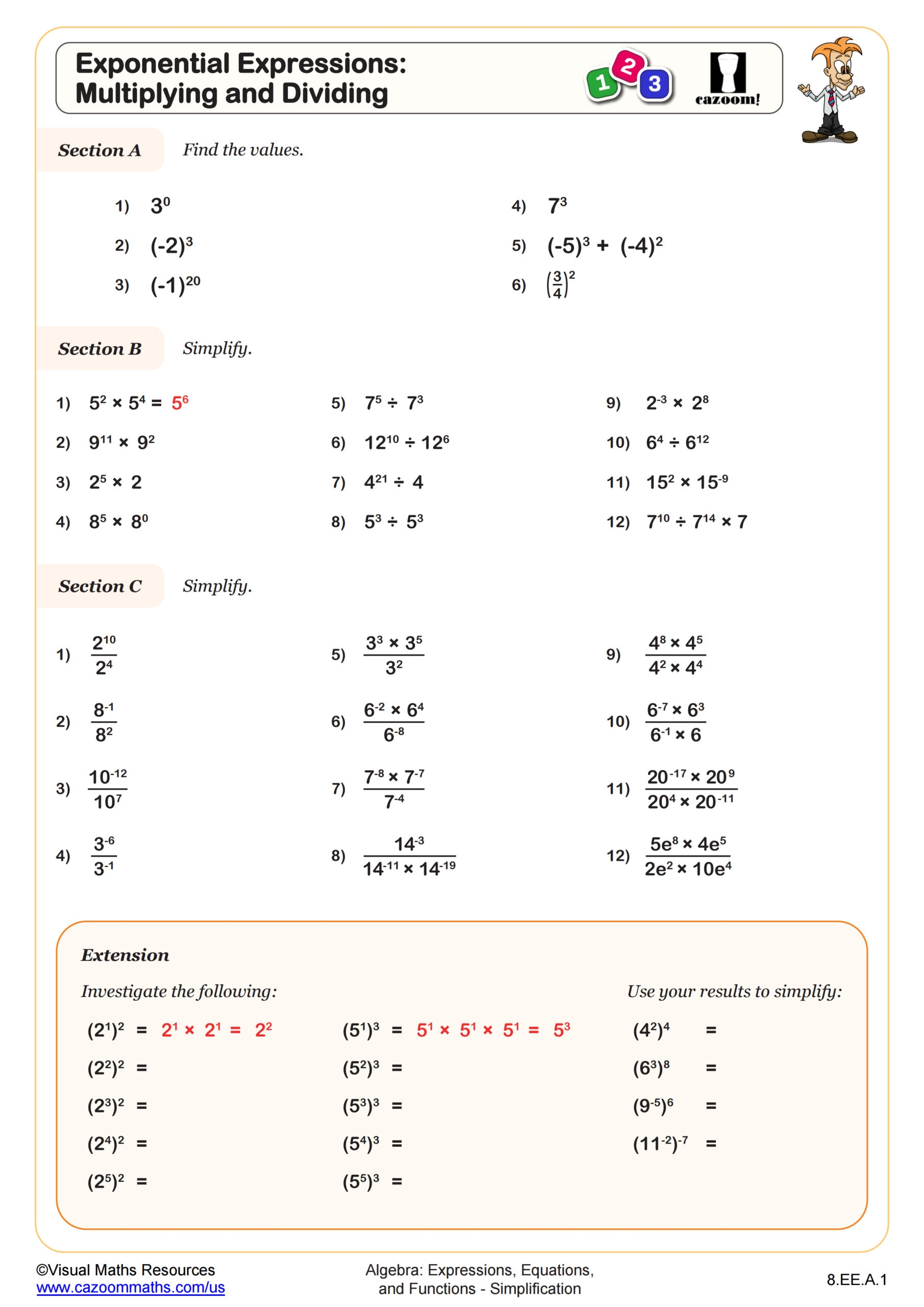 Exponential Expressions Multiplying And Dividing Worksheet Fun And Engaging 8th Grade PDF Worksheets