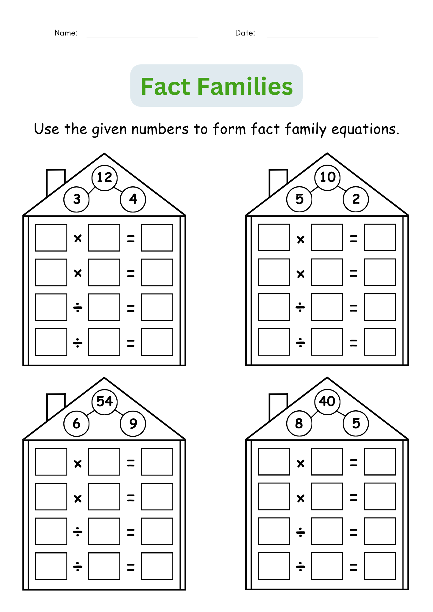 multiplication fact family worksheets