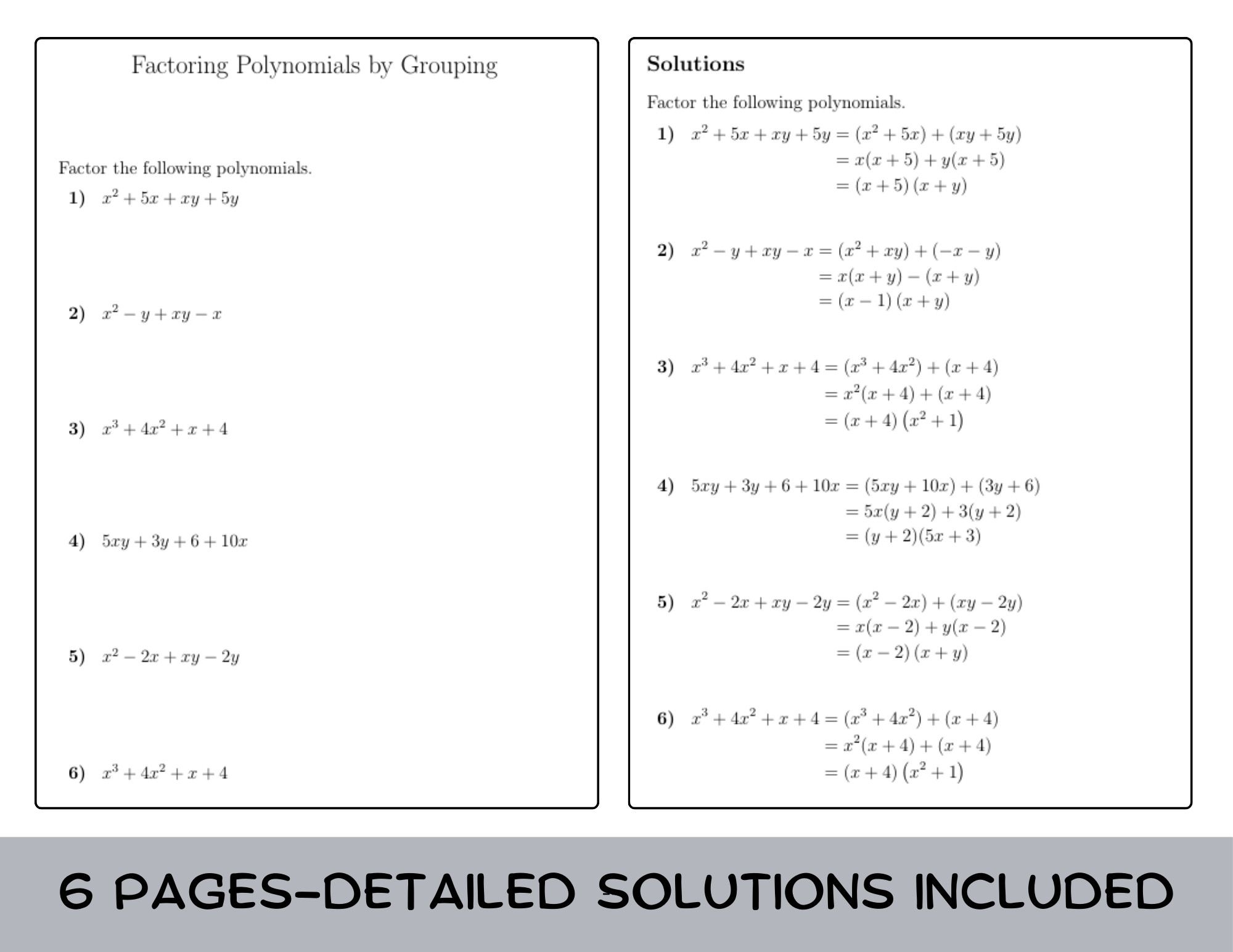 Factoring Polynomials By Grouping Worksheet with Solutions Teaching Resources