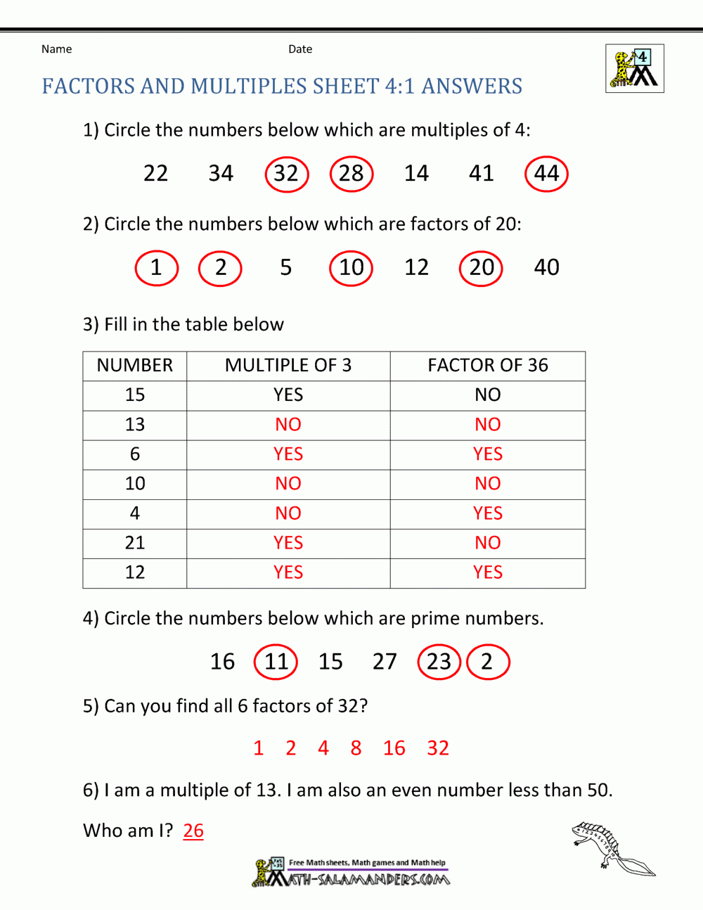Factors And Multiples Sheet 4 1 Answers Factors And Multiples Sheet 4 1 Answers