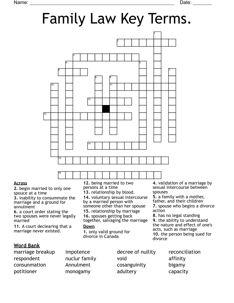 Family Law Key Terms Crossword WordMint