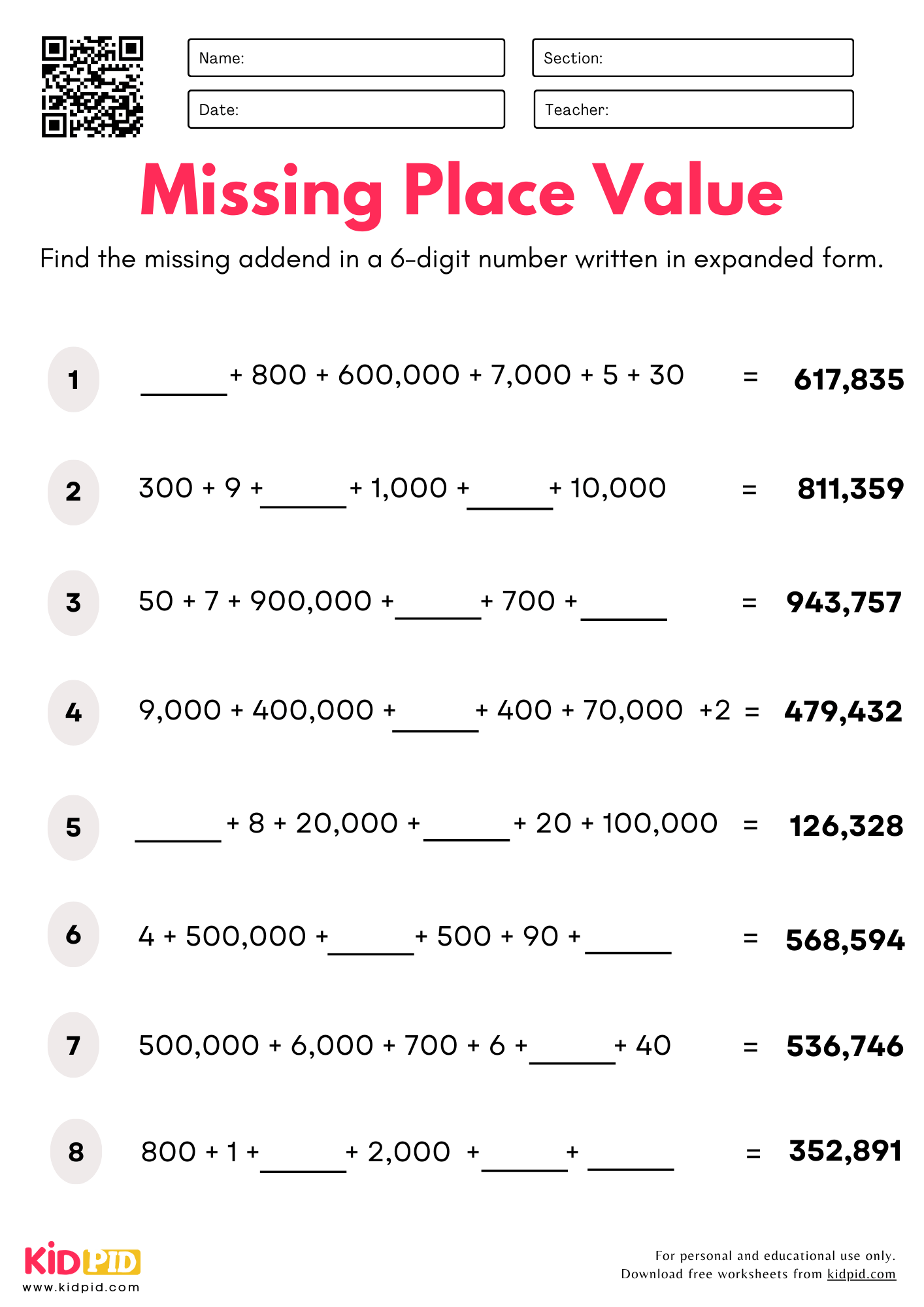 Find The Missing Place Value 6 digits Worksheet For Grade 4 Kidpid