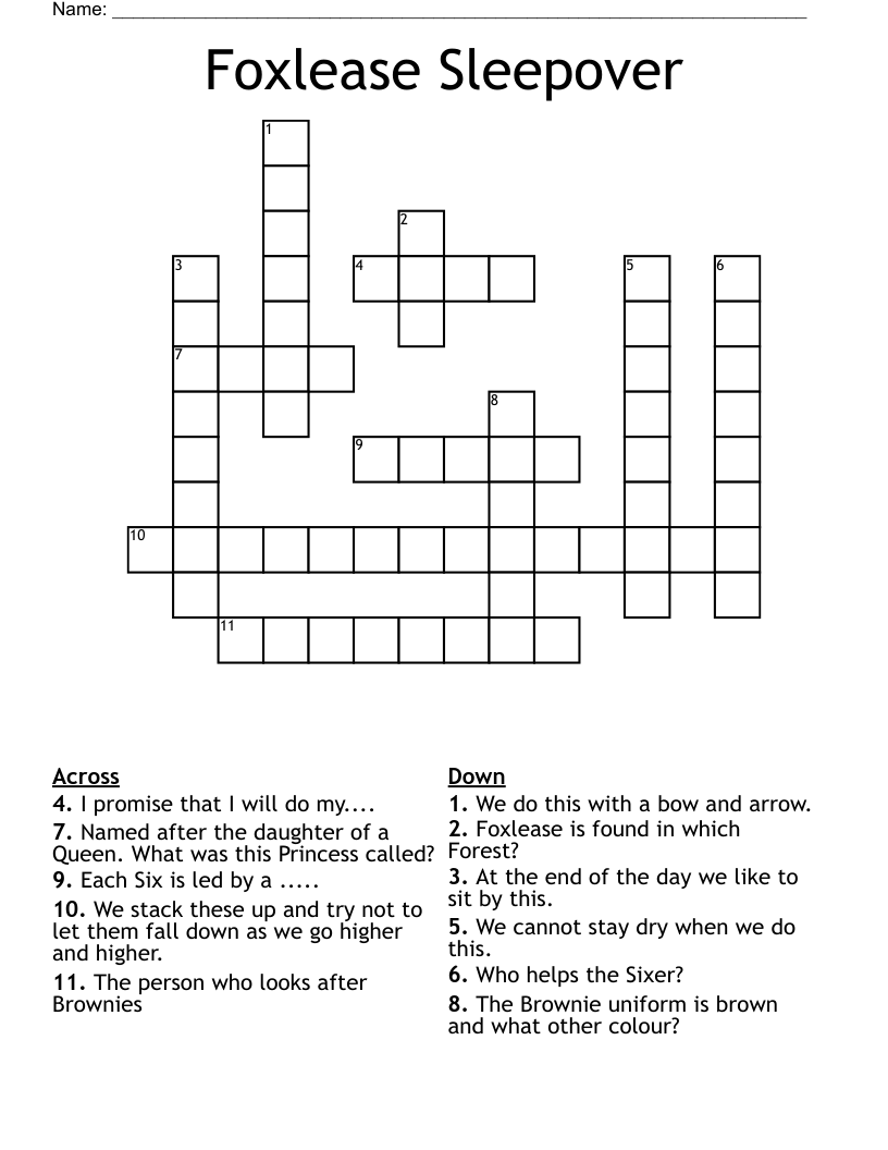 Foxlease Sleepover Crossword WordMint Foxlease Sleepover Crossword WordMint