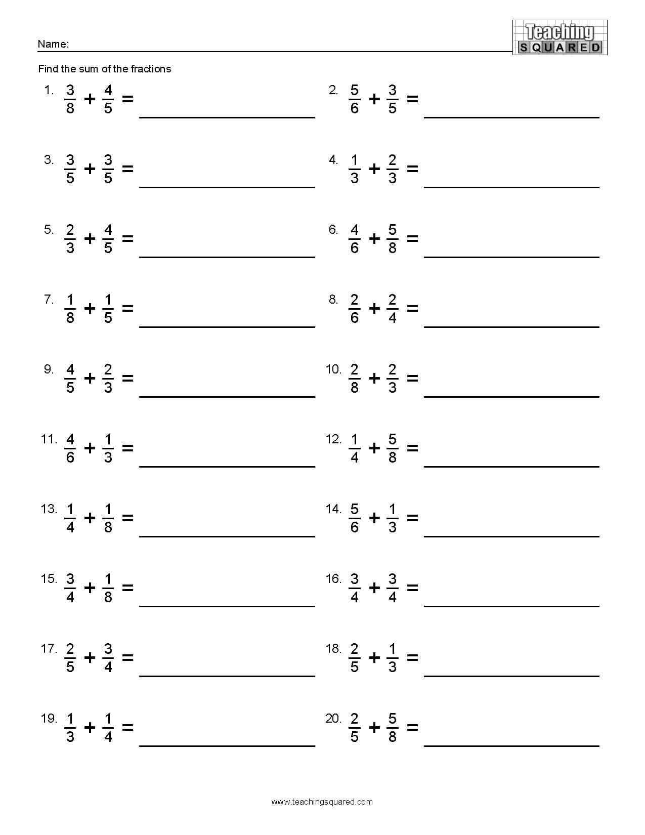 addition of fractions worksheets
