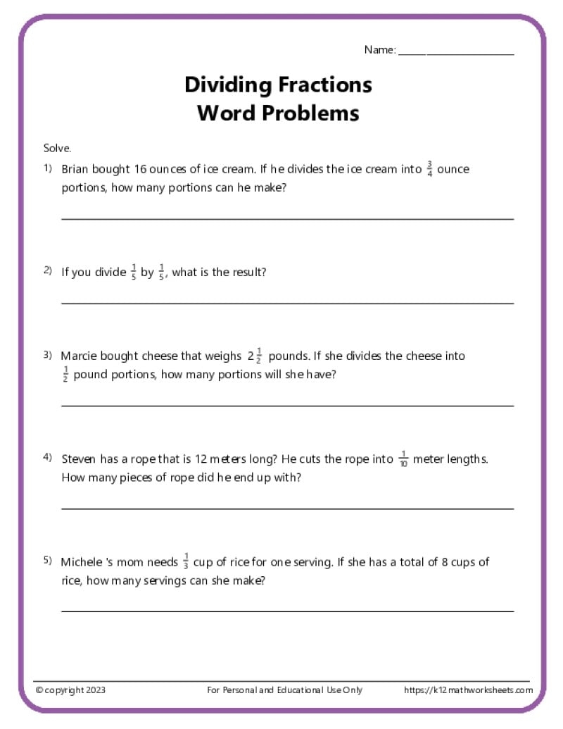 Fraction Word Problems Worksheets K12 Math Worksheets