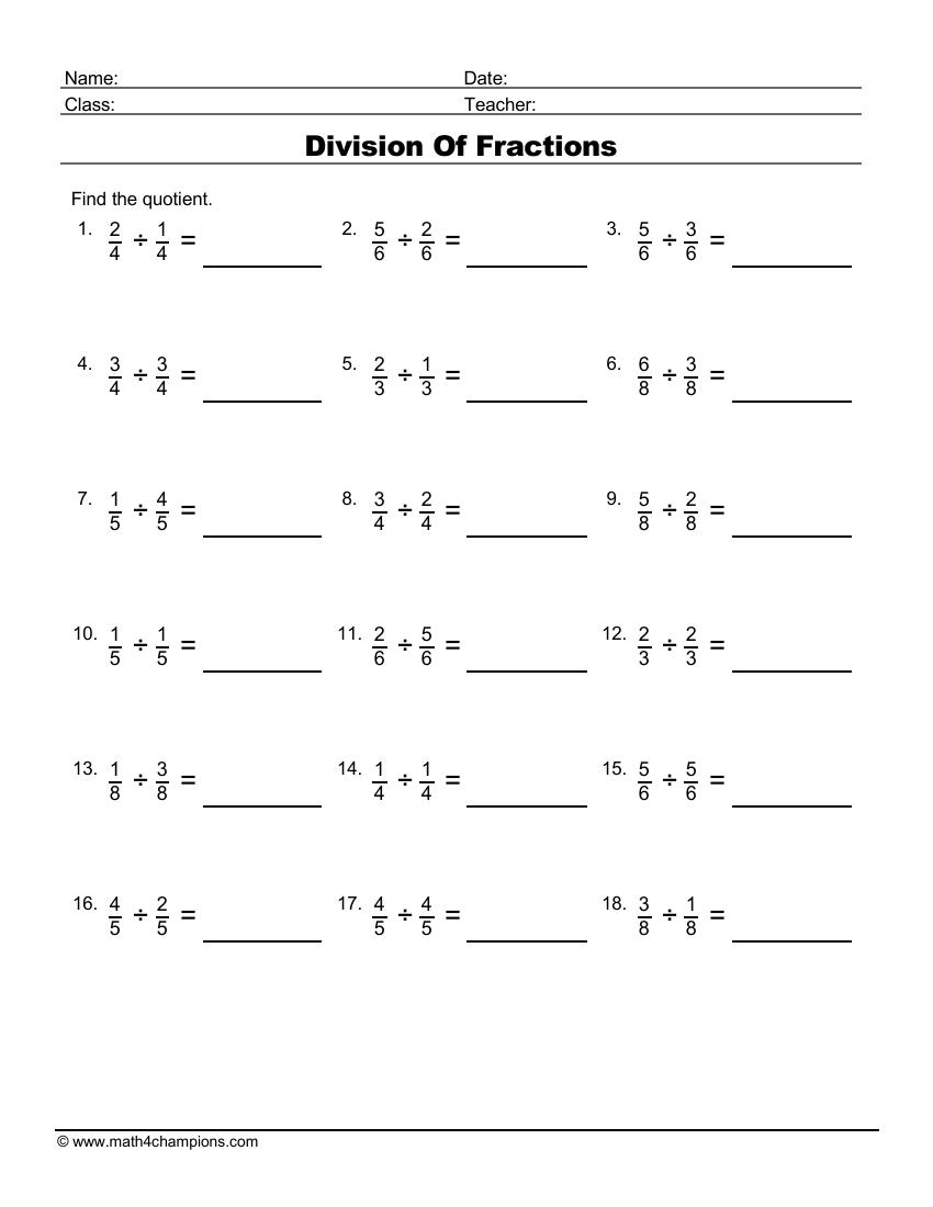 divide fractions worksheet pdf