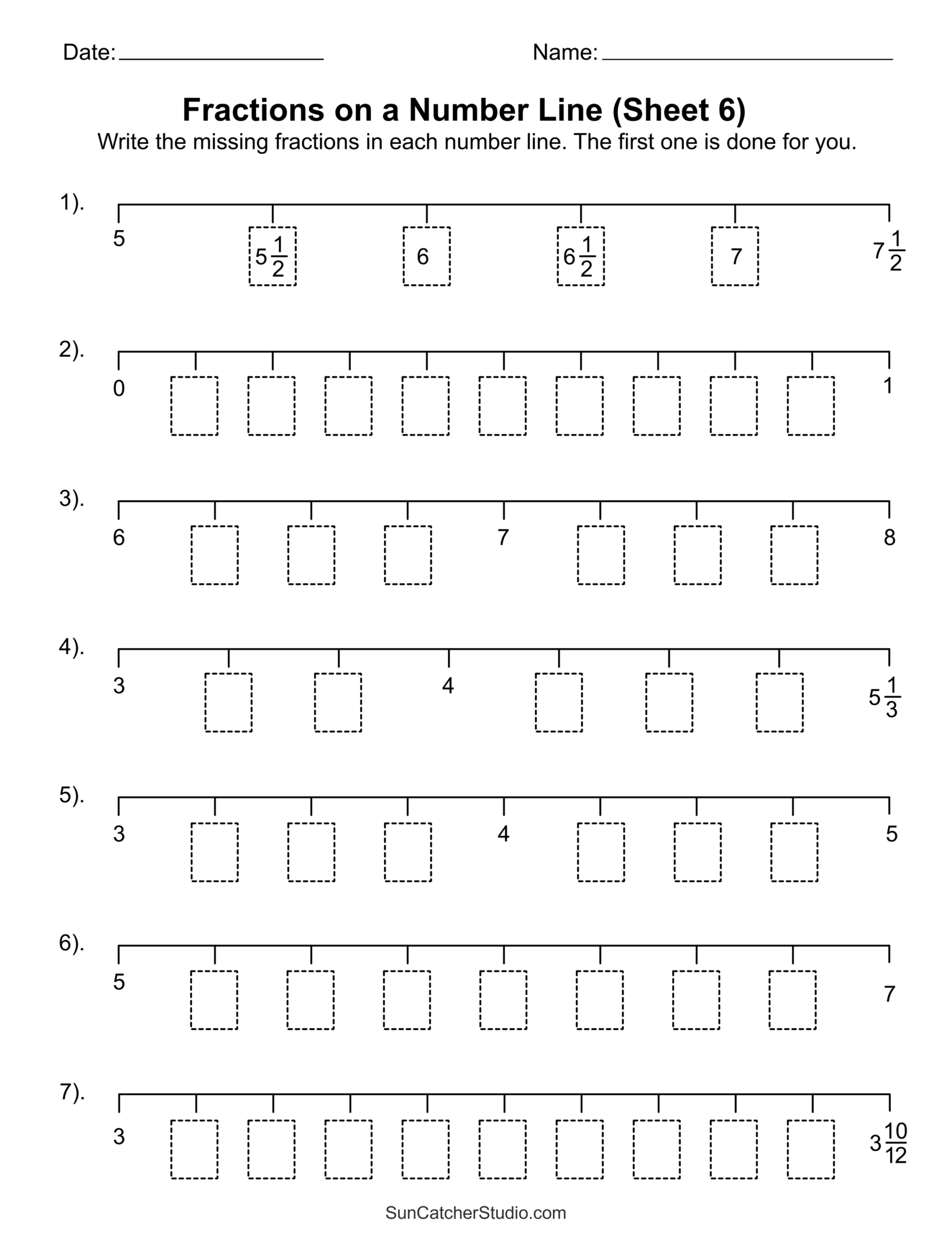 number line fractions worksheet