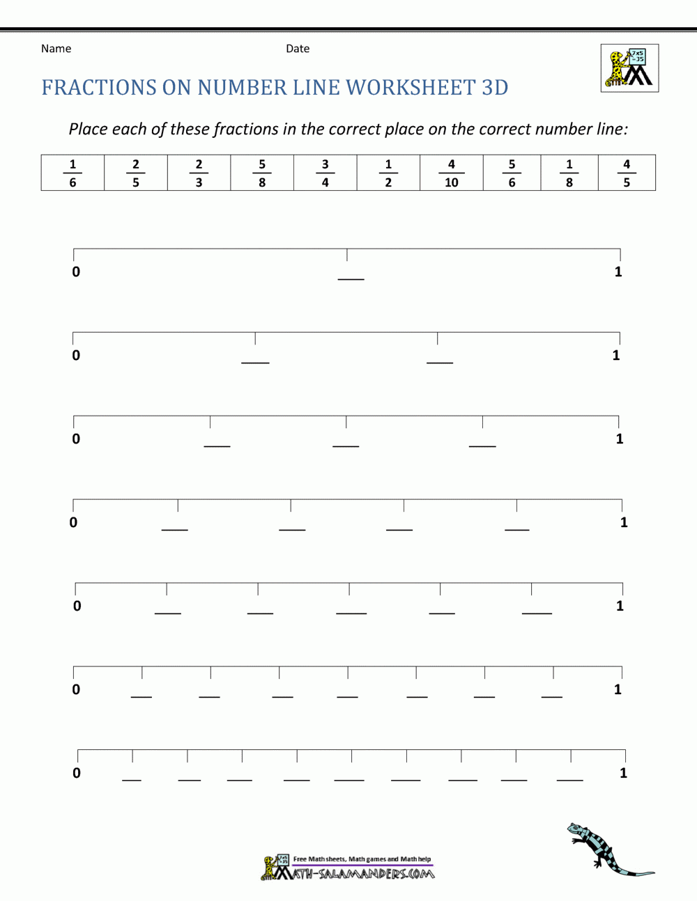 Fractions On Number Line Worksheets