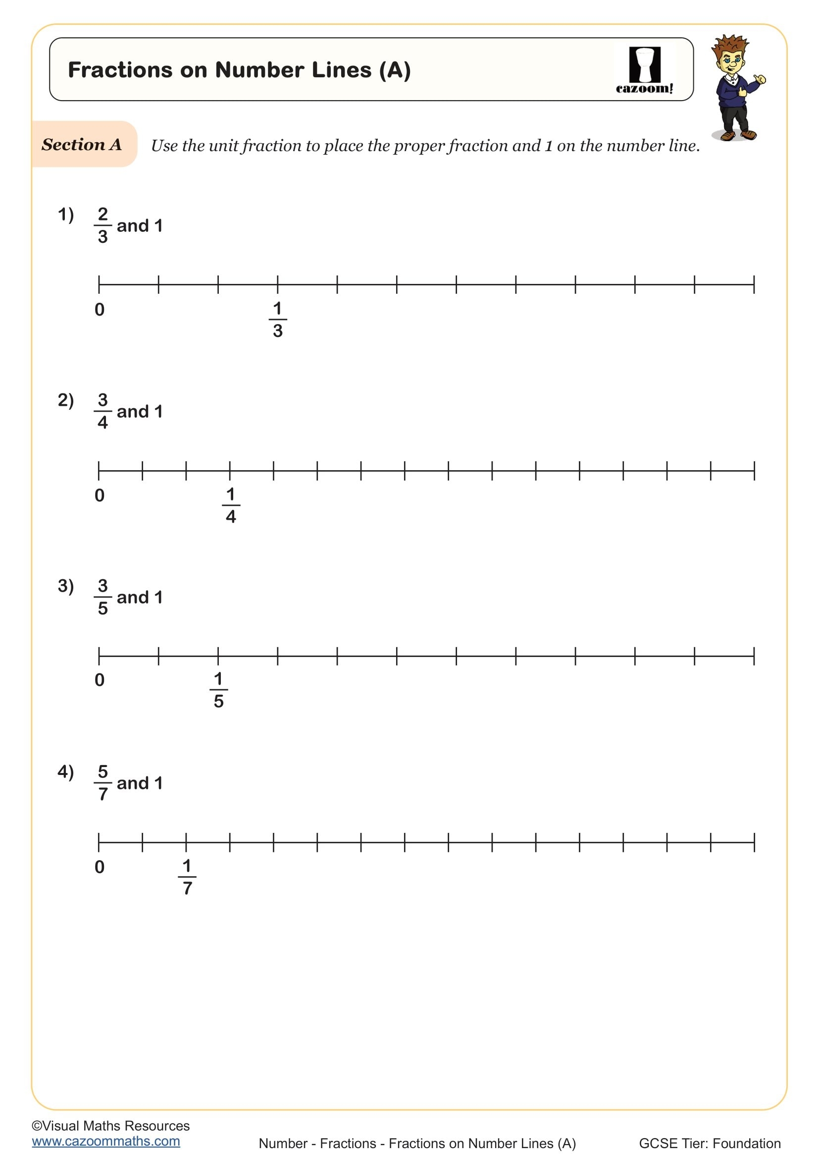 Fractions On Number Lines A Worksheet Printable Year 7 Number Worksheet