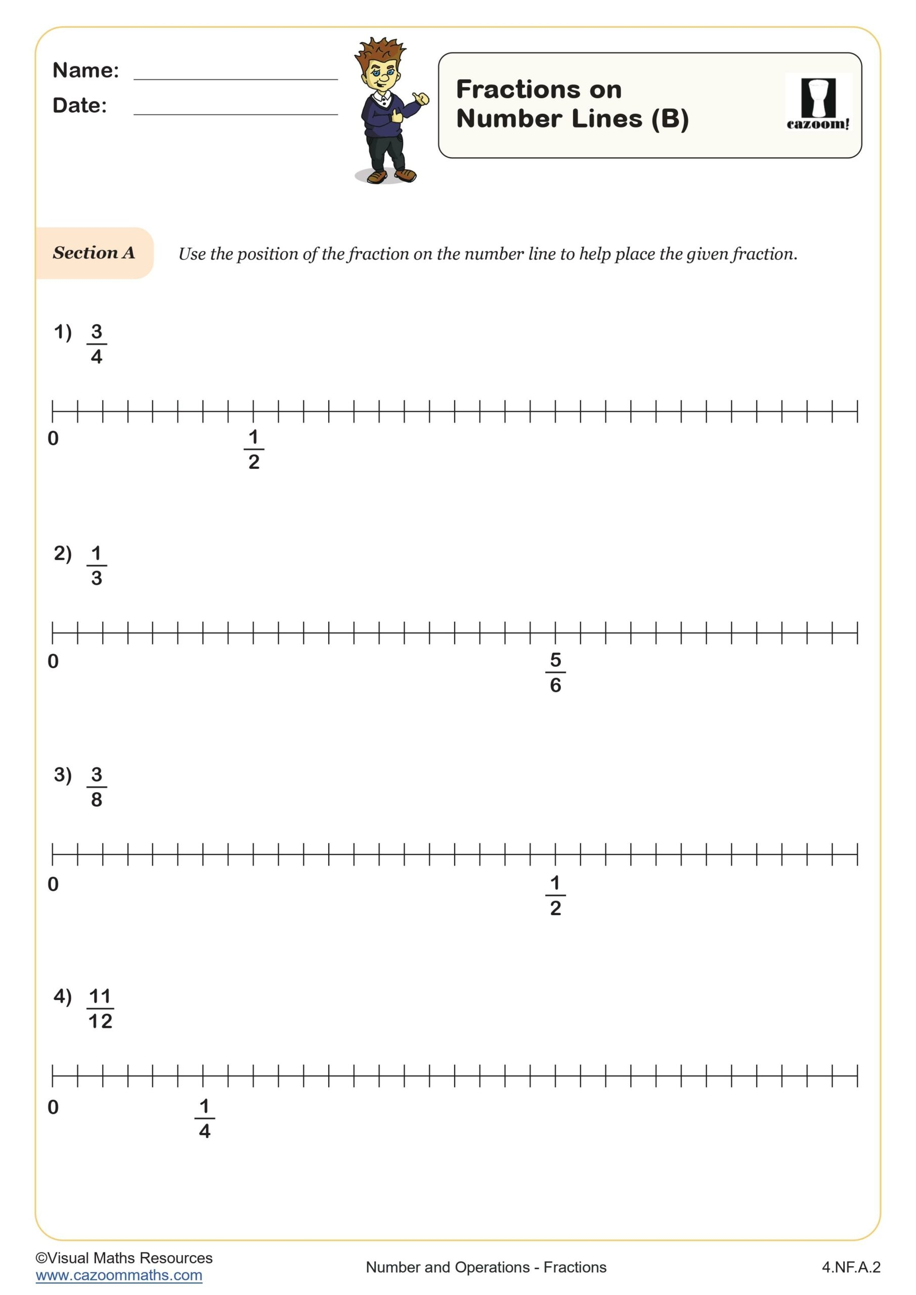 Fractions On Number Lines B Worksheet Printable PDF 4th Grade Number Operations Worksheet