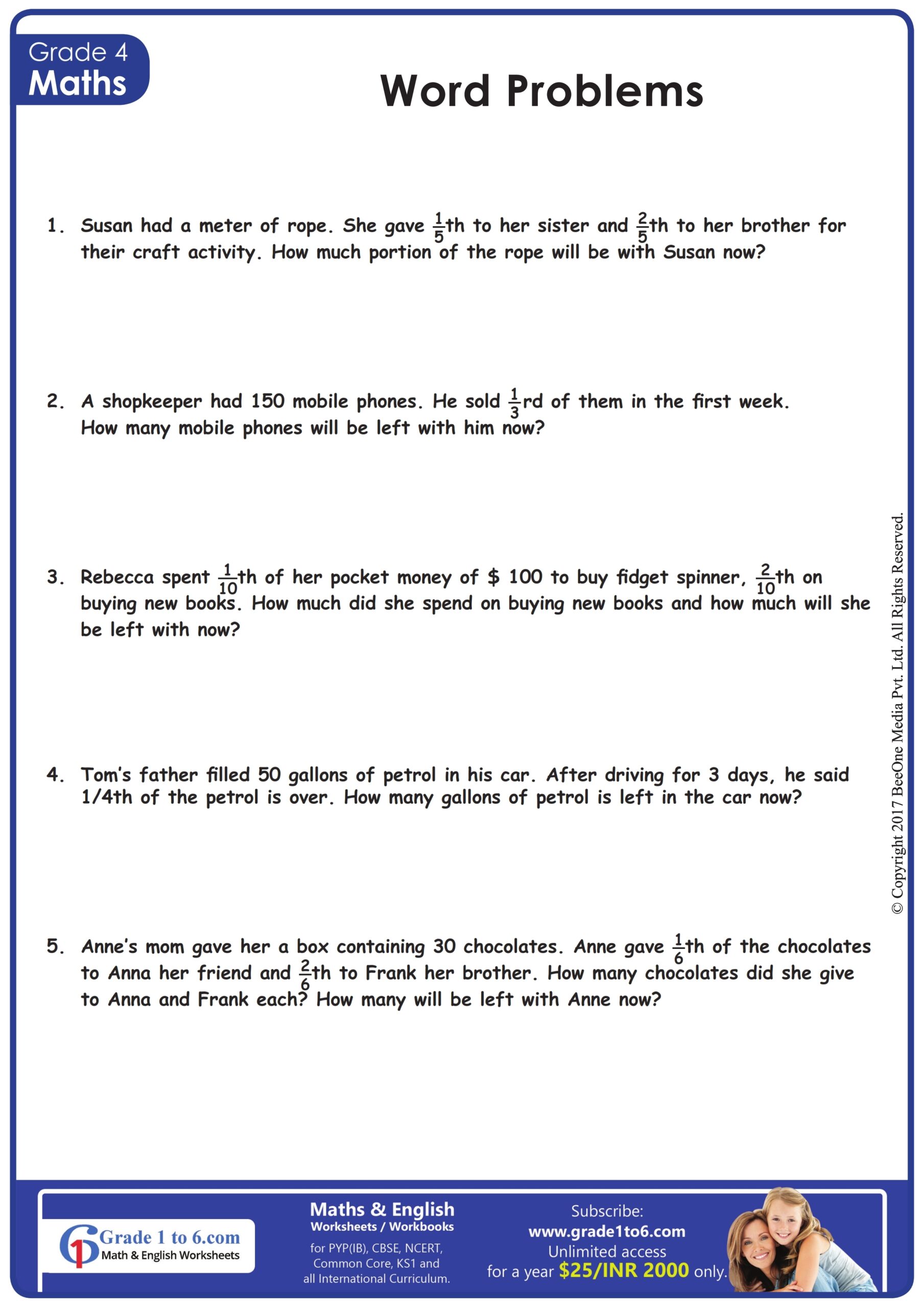 Fractions Word Problems Grade1to6 Fractions Word Problems Grade1to6