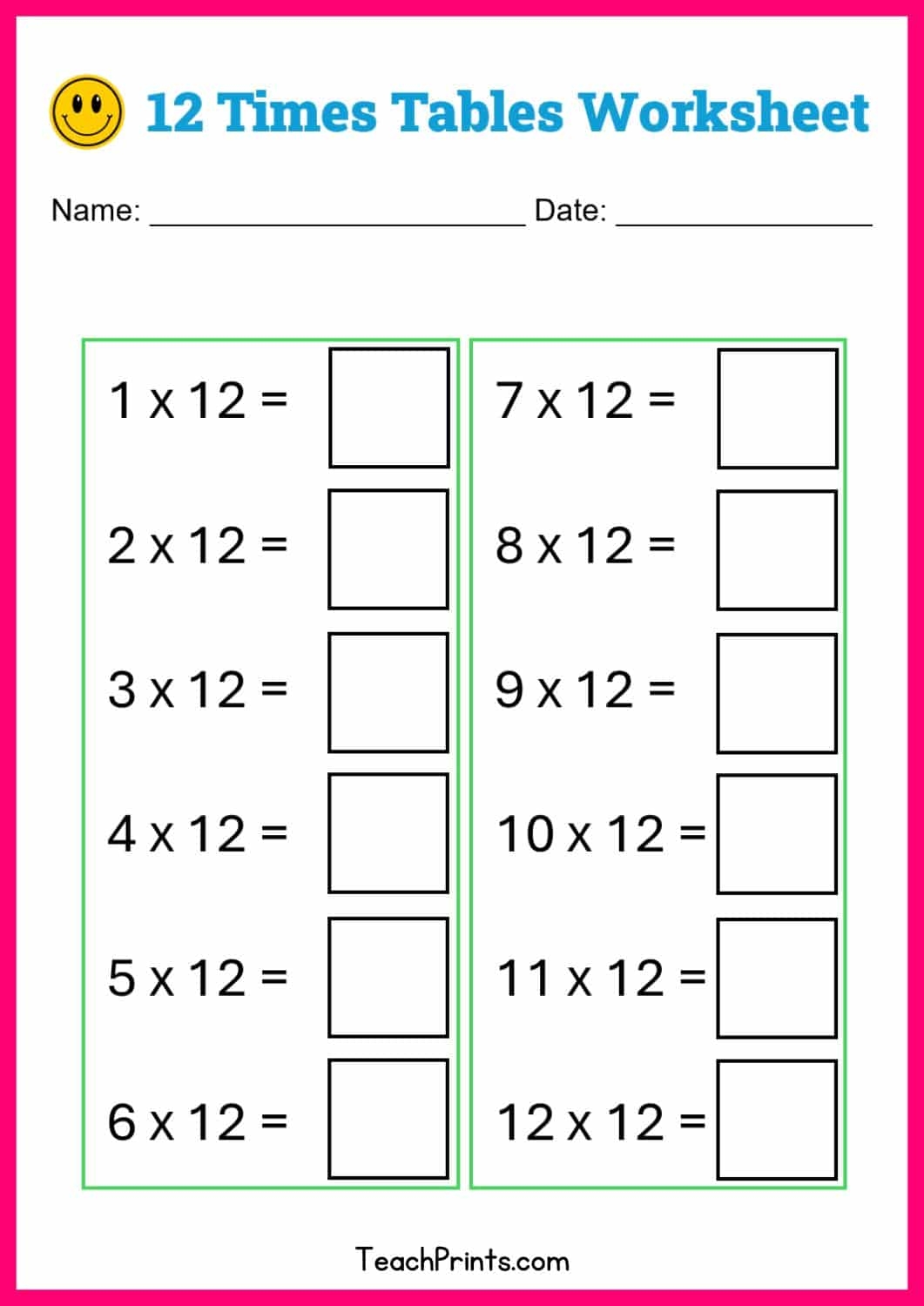 12 multiplication table worksheet