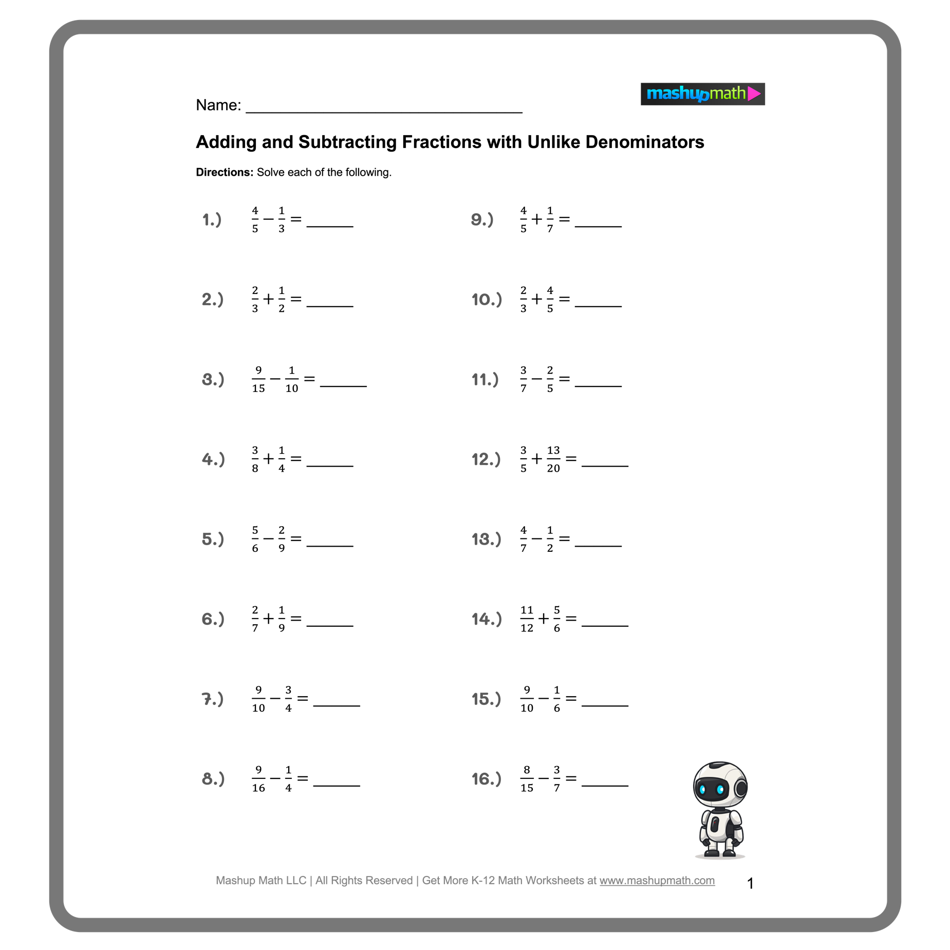 Free Adding And Subtracting Fractions Worksheets Mashup Math