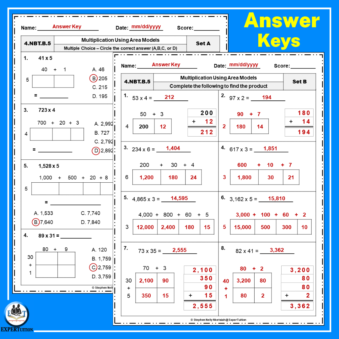 Free Area Model Multi Digit Multiplication Worksheets Made By Teachers