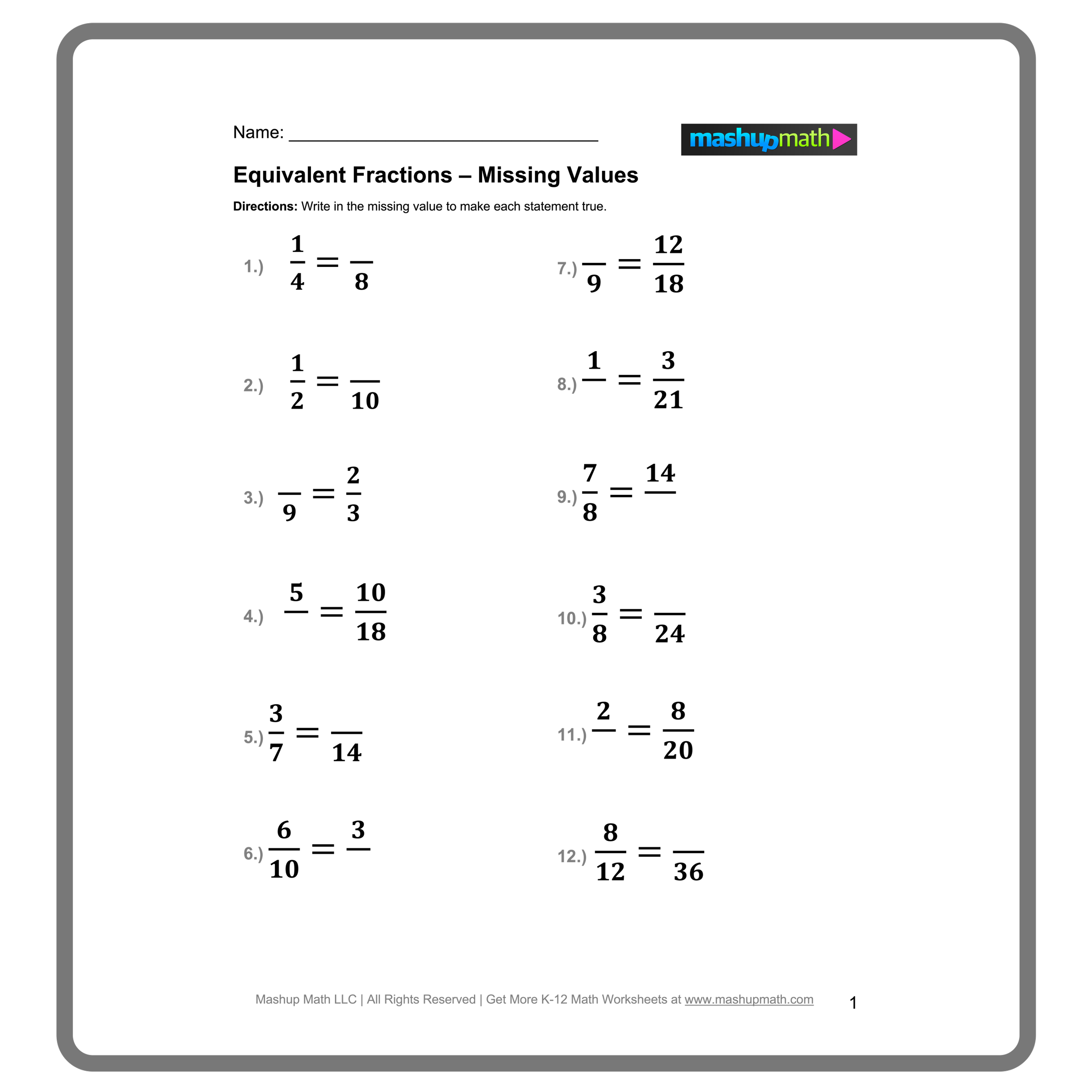 worksheets for equivalent fractions