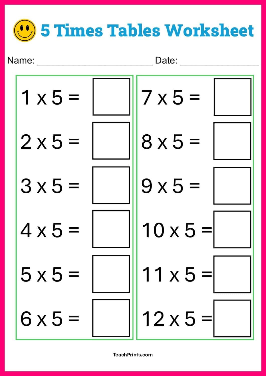 Free Five Times Tables Worksheets 8 Versions Teach Prints