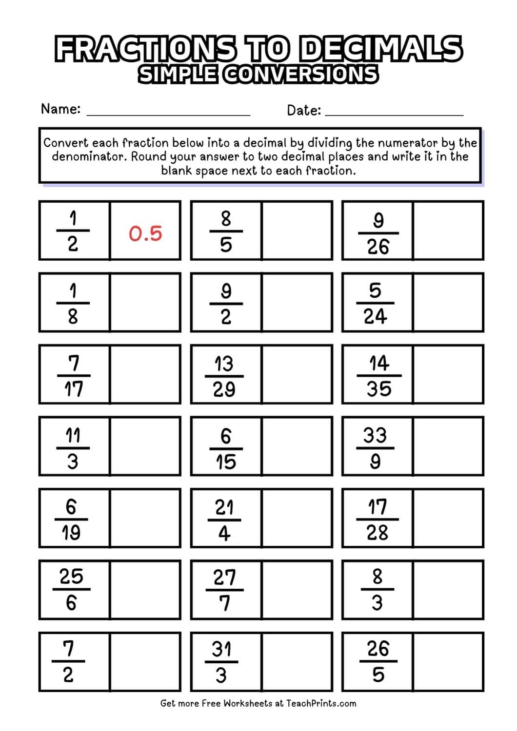 fractions to decimals worksheet