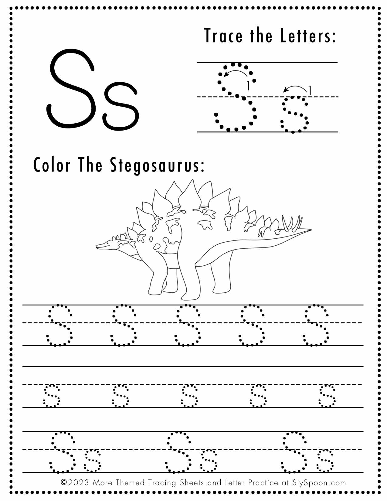 Free Letter S Tracing Worksheet Printable Dinosaur Themed Sly Spoon