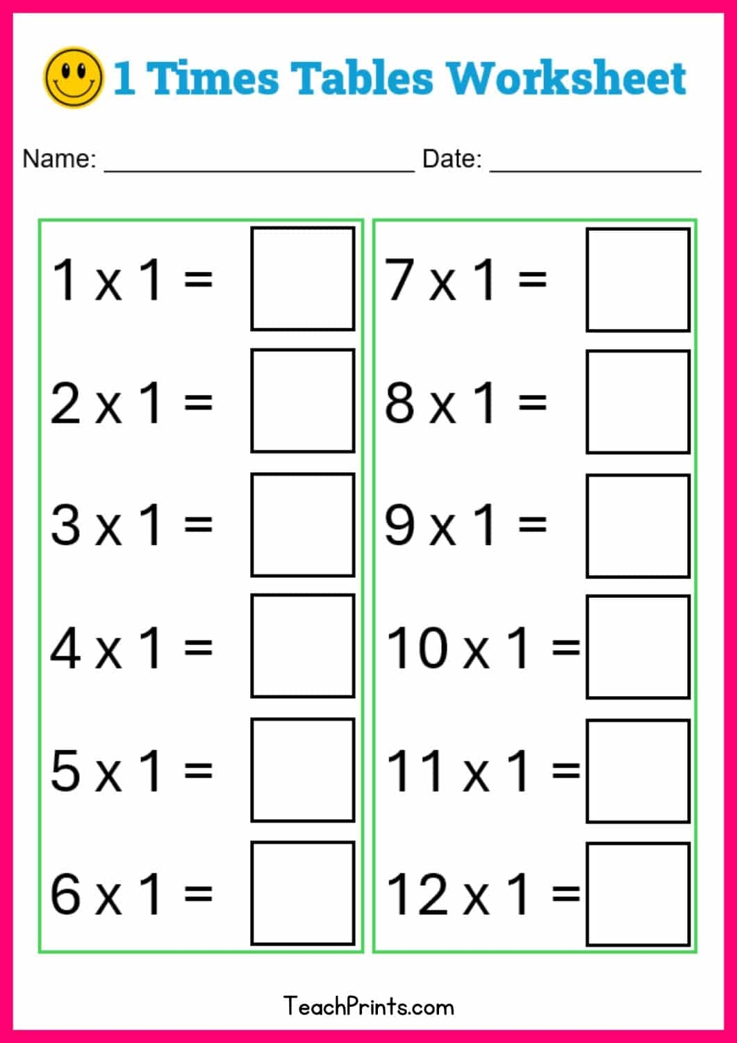 multiplication by 1 worksheets