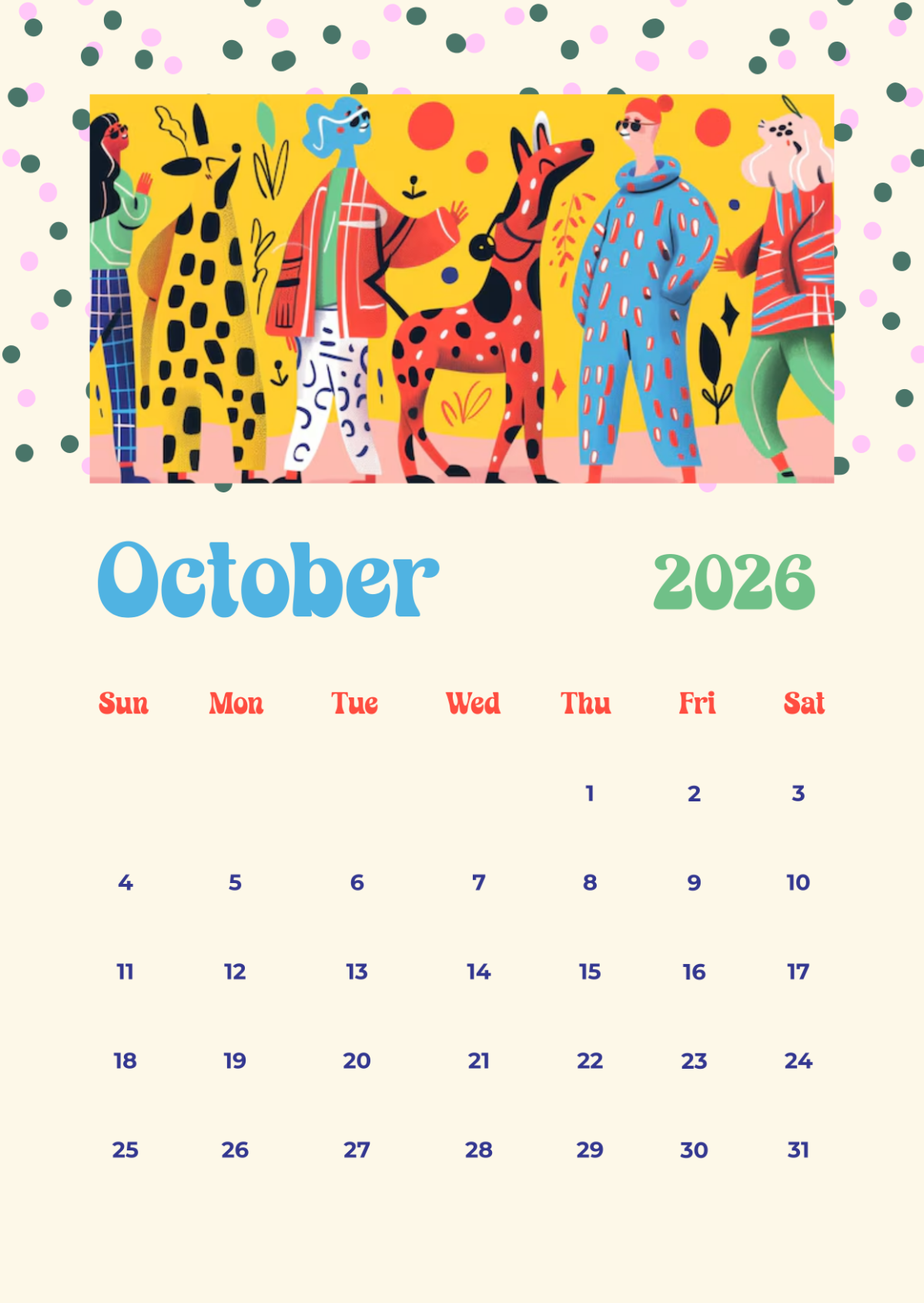 Free Playful Illustrated October 2026 Calendar Template To Edit Online