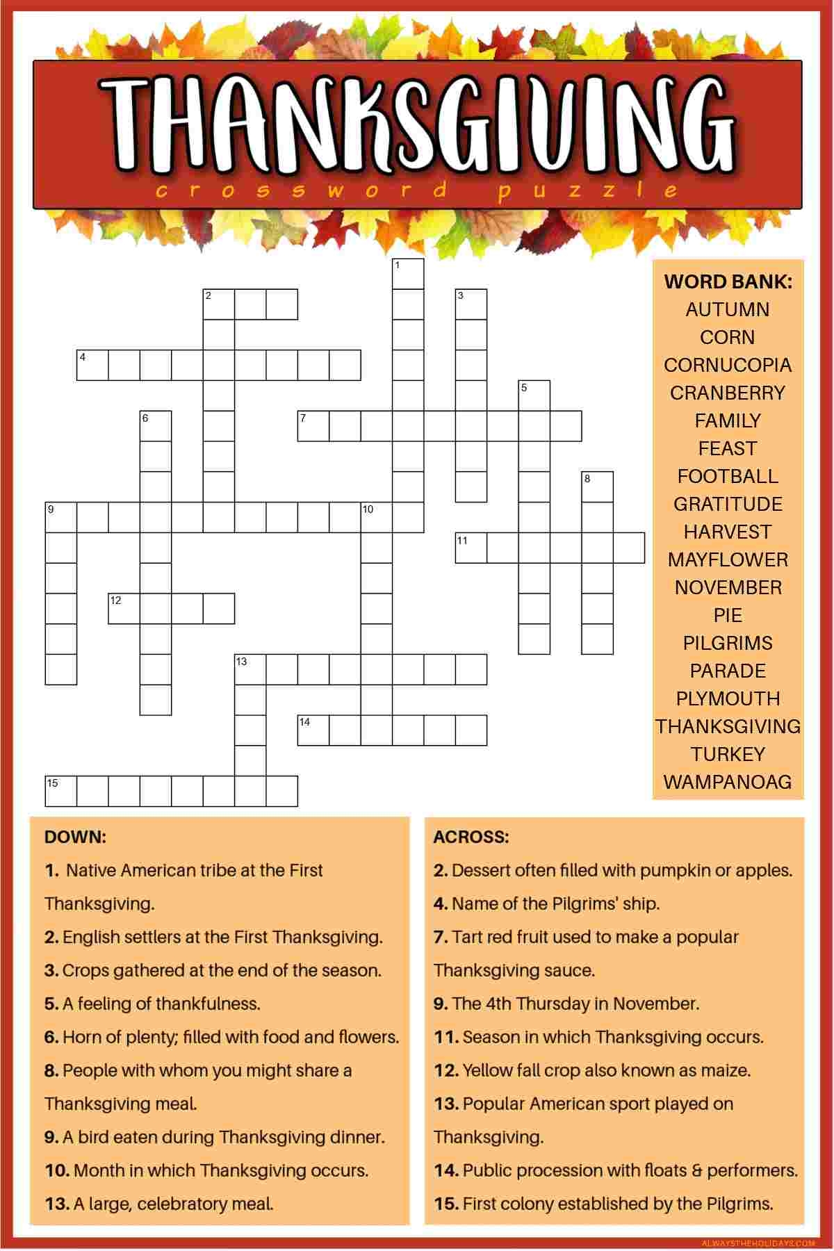 Free Printable Thanksgiving Crossword Puzzle With Answer Key