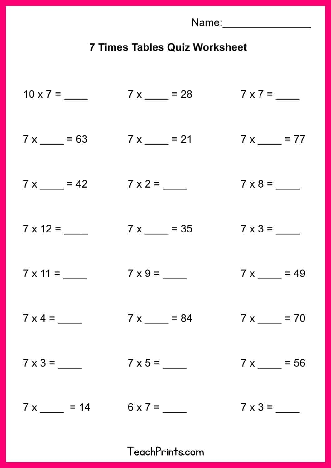 multiplication of 7 worksheet