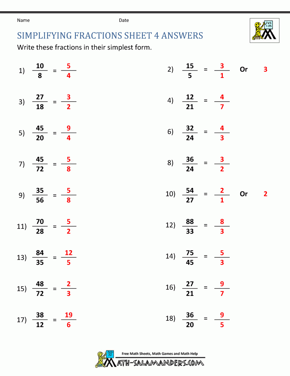 simplifying fractions activity sheet simplifying fractions activity sheet