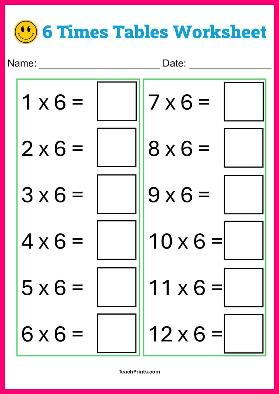 Free Six Times Tables Worksheets 8 Versions Teach Prints