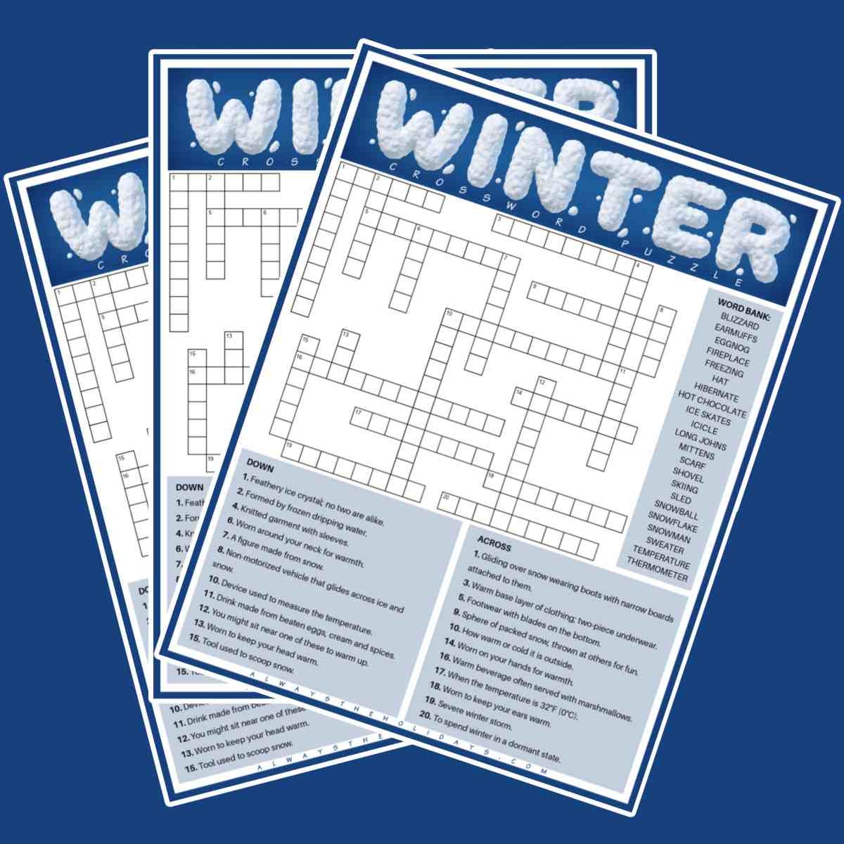 Free Winter Crossword Puzzle Printable With Answers PDF JPG 