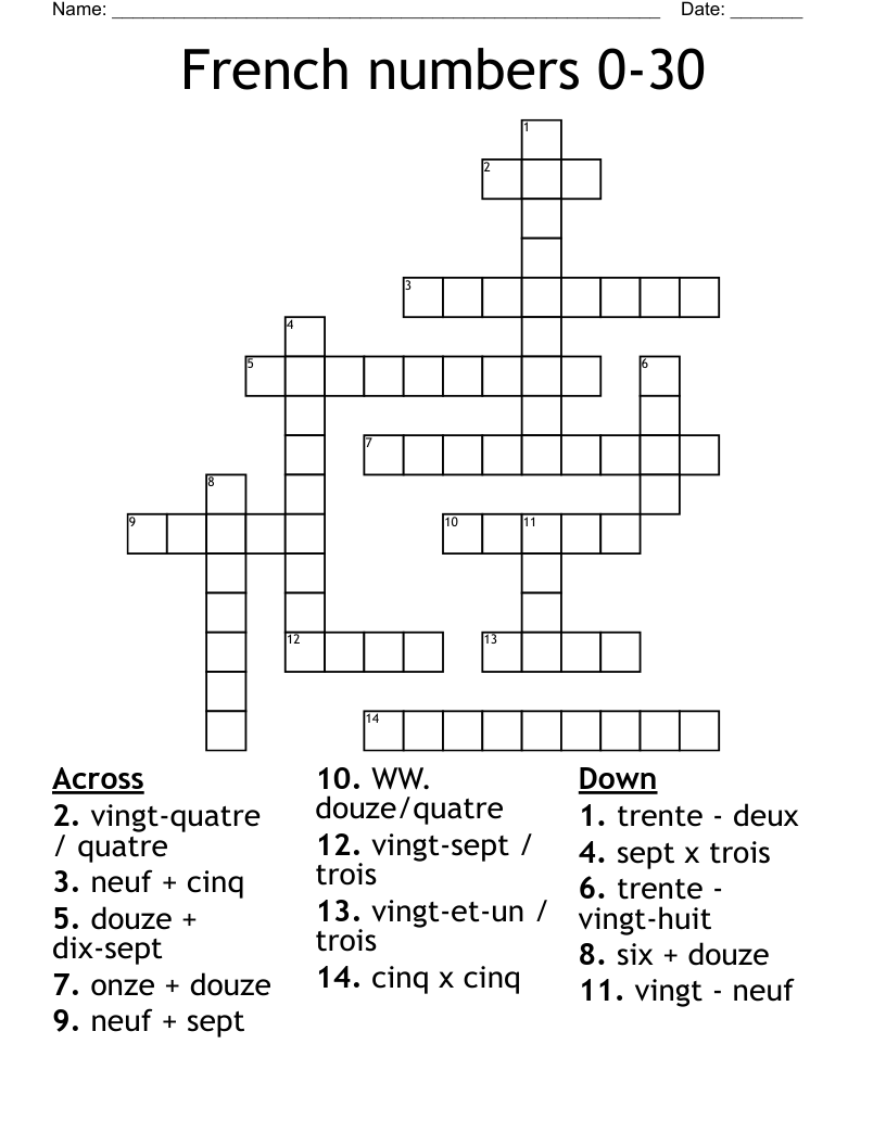 French Numbers 0 30 Crossword WordMint