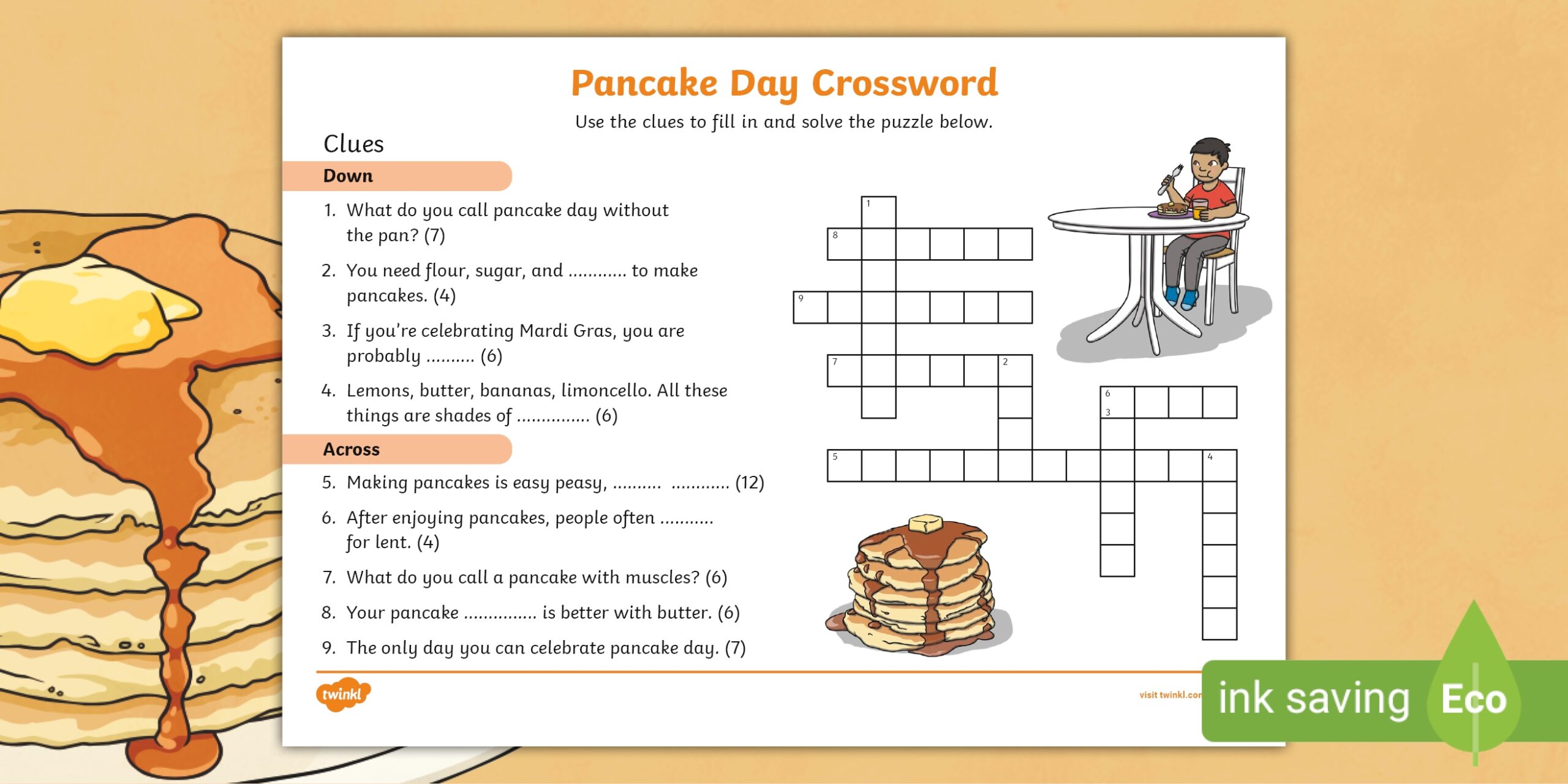 Fun Themed Pancake Day Crossword