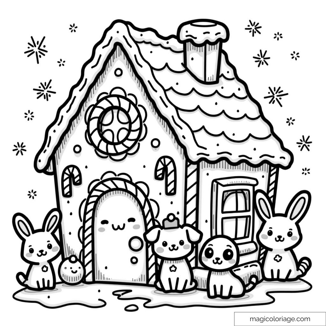 Gingerbread House Coloring Page With Cute Animals
