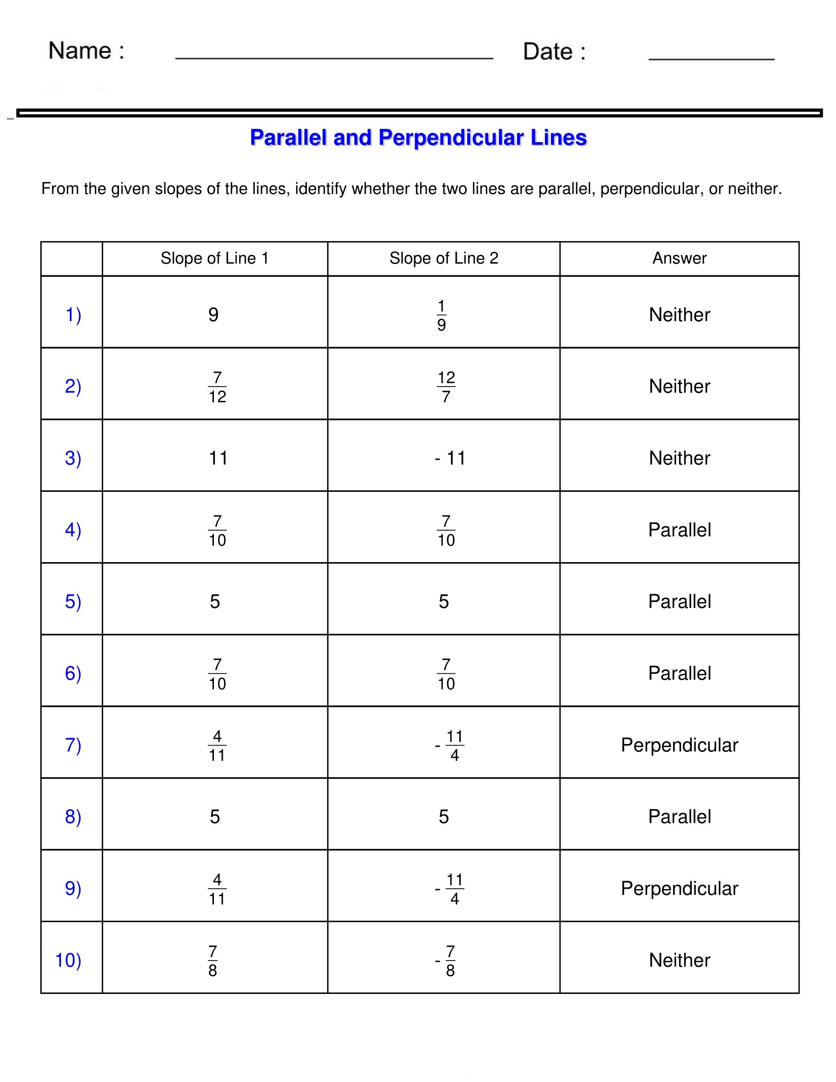 parallel & perpendicular lines worksheet parallel & perpendicular lines worksheet