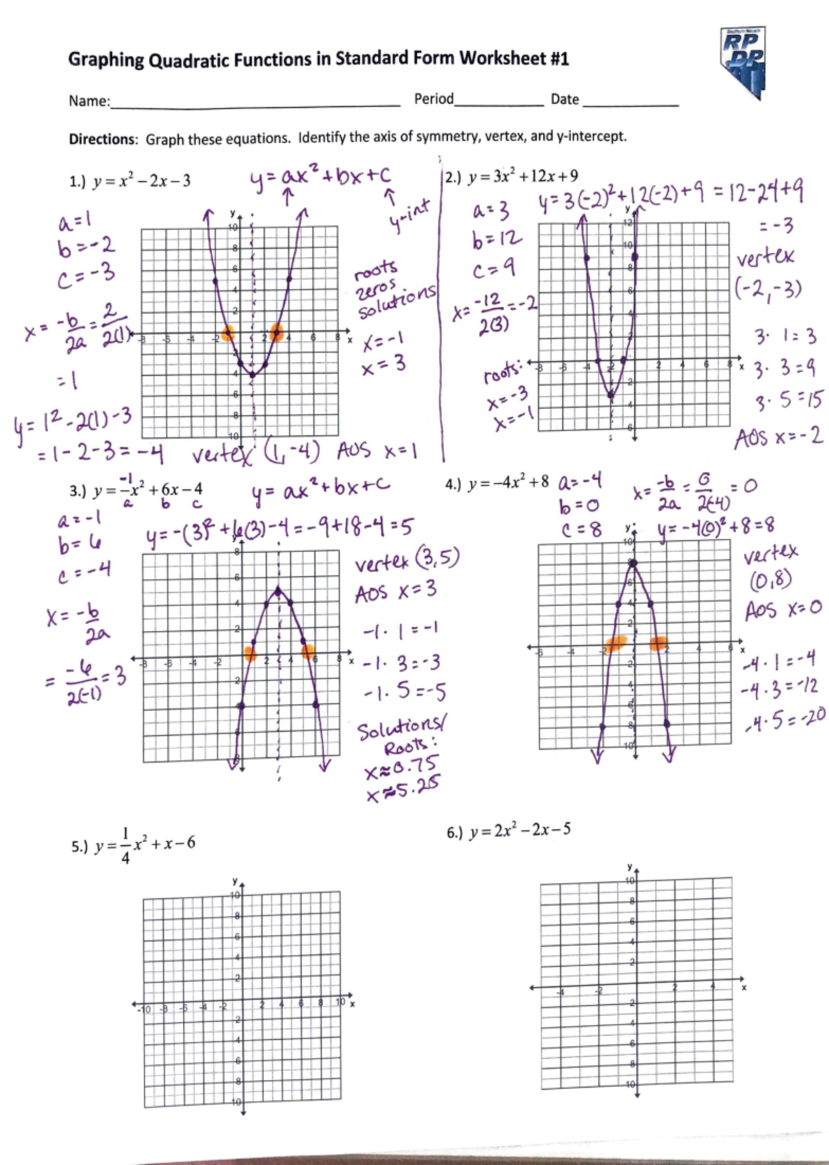 graphing quadratic equations worksheet