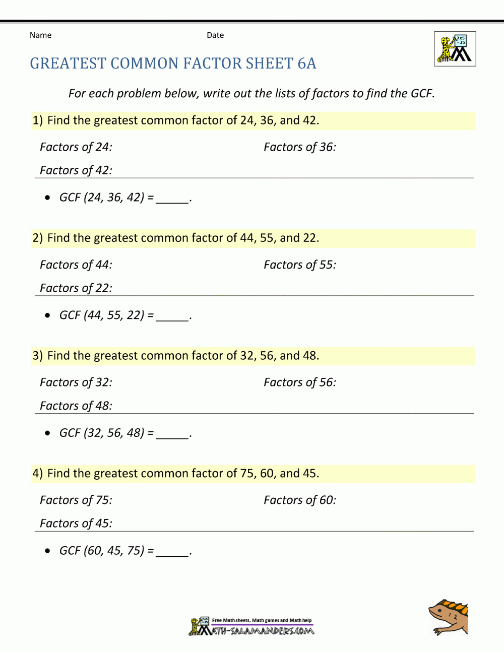 Greatest Common Factor Worksheet Page Greatest Common Factor Worksheet Page