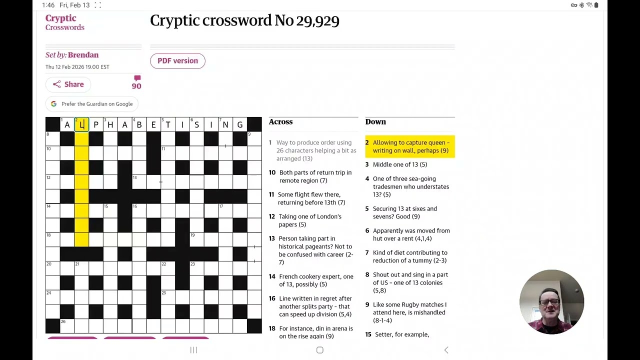 Guardian Cryptic Crossword Friday 13 February 2026 YouTube