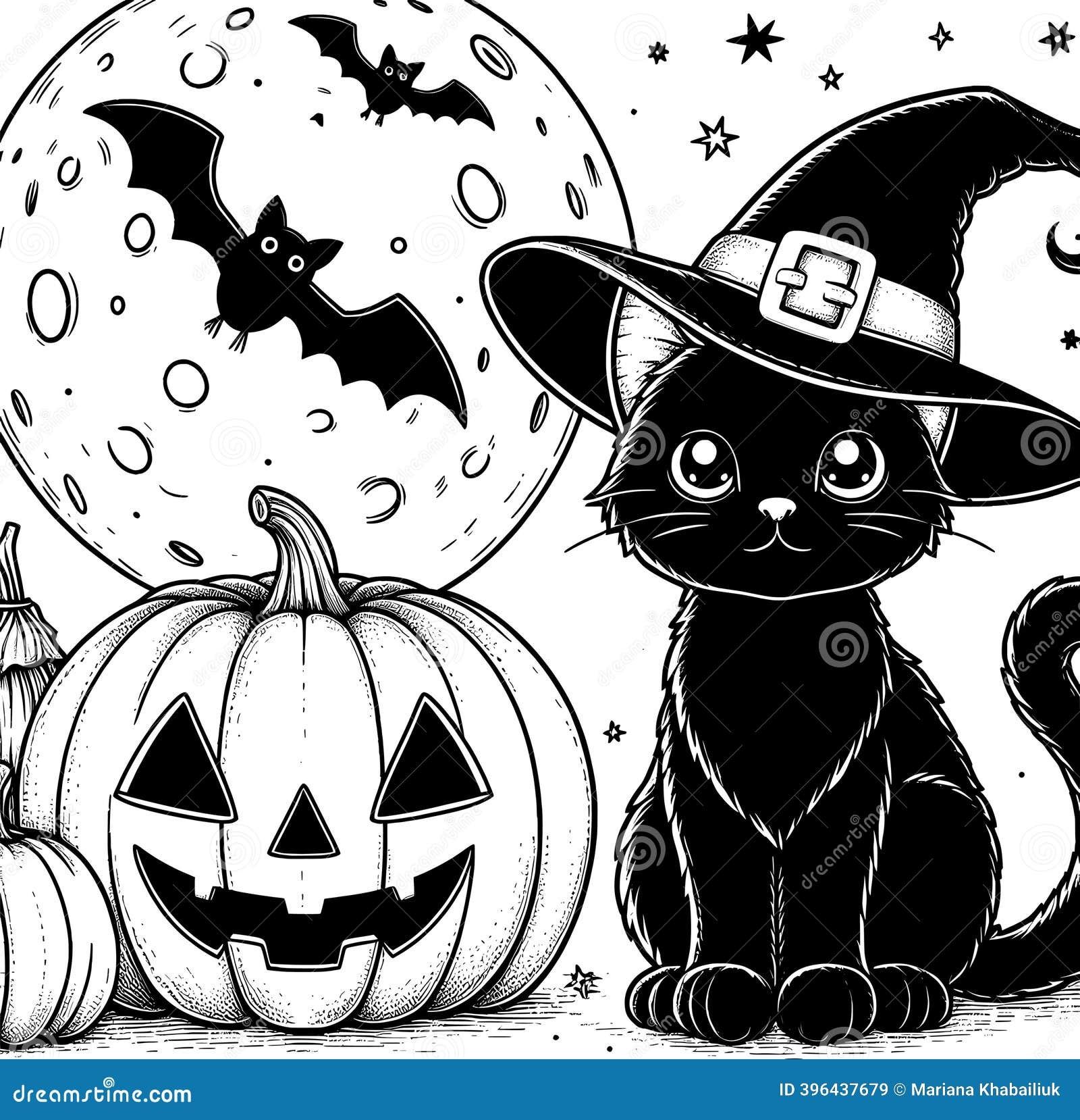Halloween Coloring Page Cute Black Cat Sitting With Pumpkin Stock Vector Illustration Of Line Sitting 396437679
