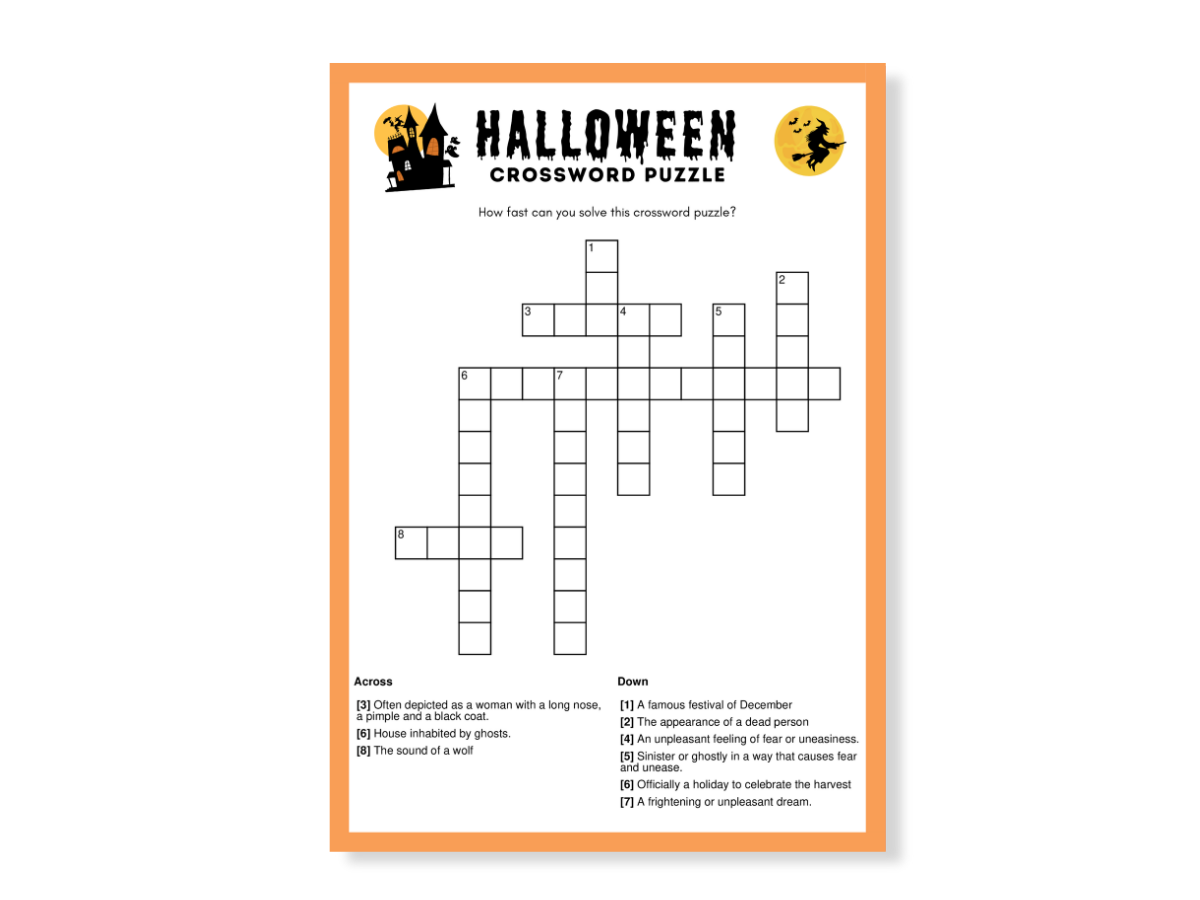 Halloween Crossword Puzzle Game Printable Digital Download Print Play Palace