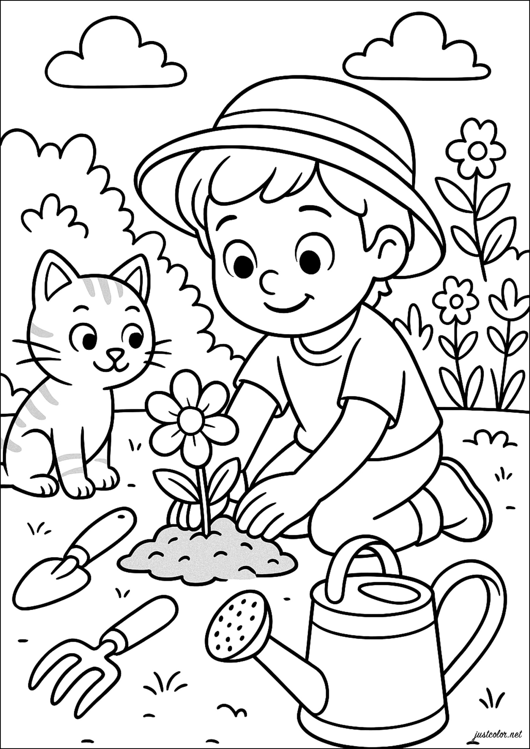 Happy Gardening With A Little Cat Spring Coloring Pages