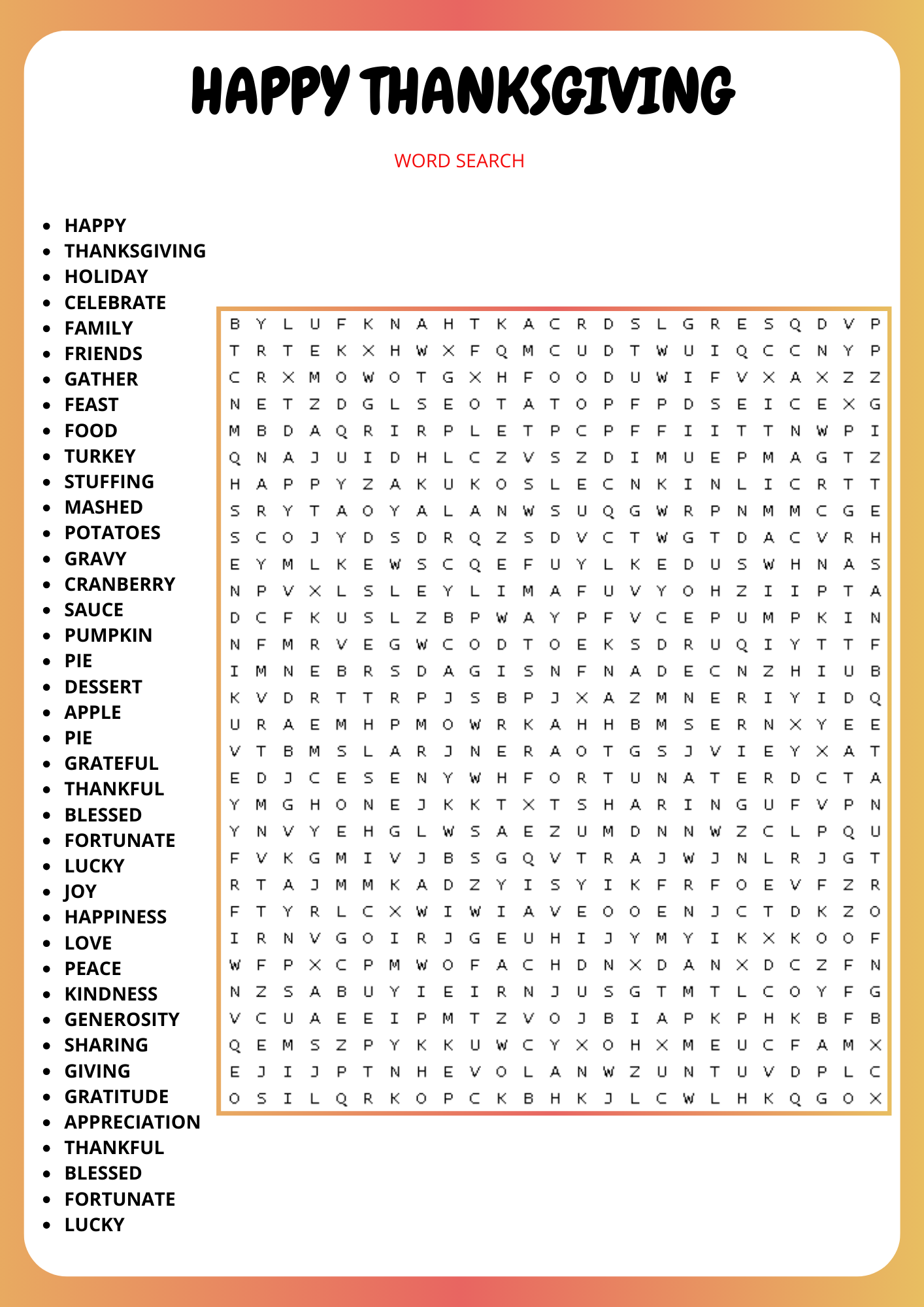 HAPPY THANKSGIVING WORD SEARCH PUZZLE WORKSHEET ACTIVITY Made By Teachers