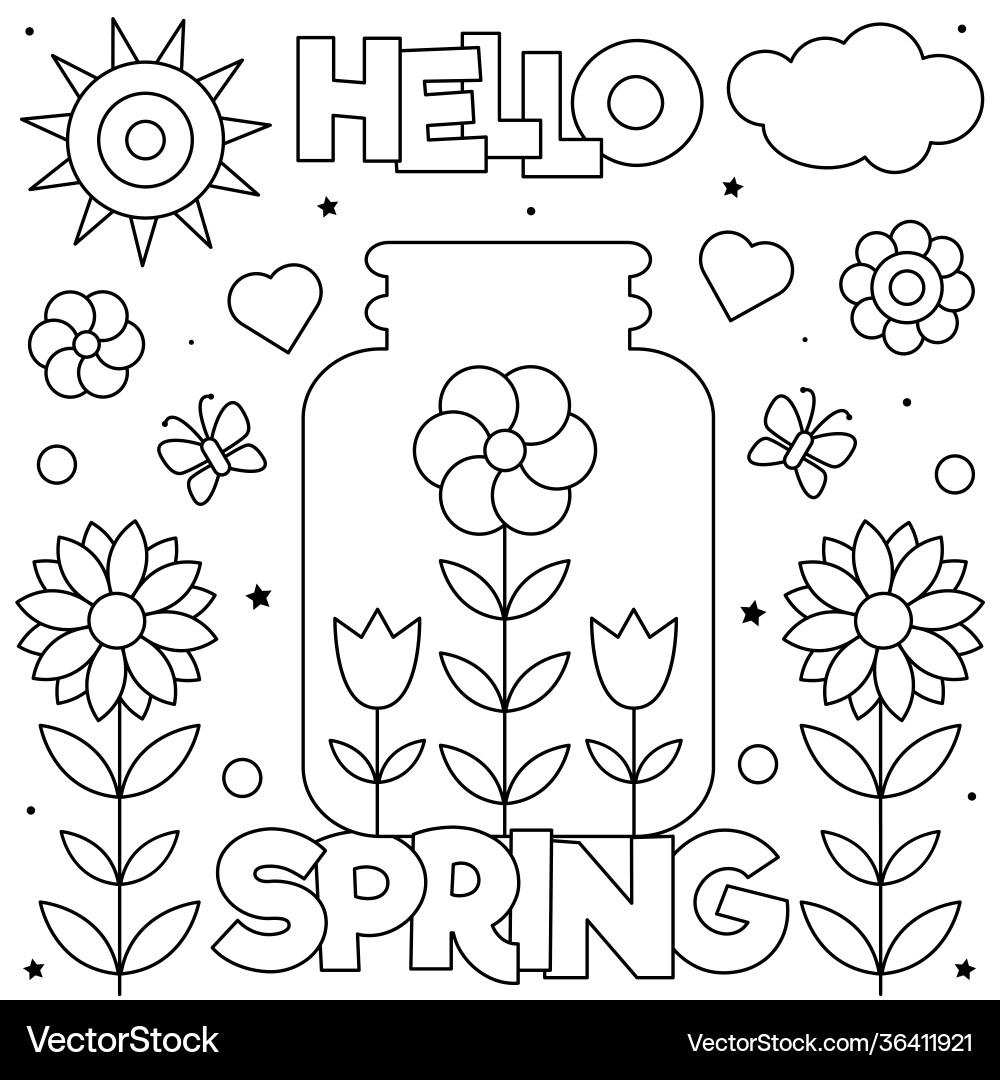 Hello Spring Coloring Page Black And White Royalty Free Vector VectorStock