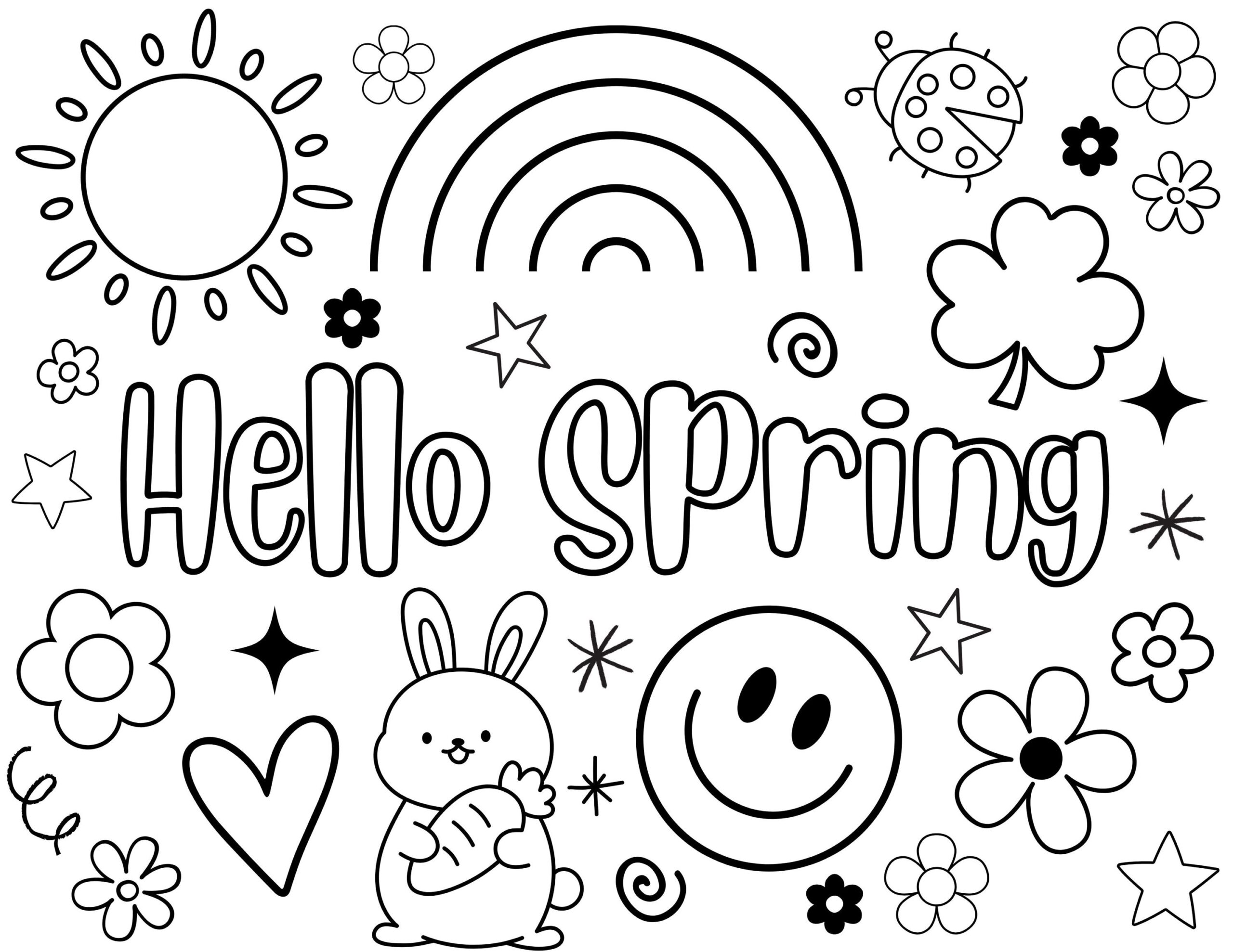 Hello Spring Cute Coloring Sheet Preppy Aesthetic Fun Coloring Page For Kids Smiley Face Daisy Easter St Patrick s Day Doodles Girls Boys Etsy