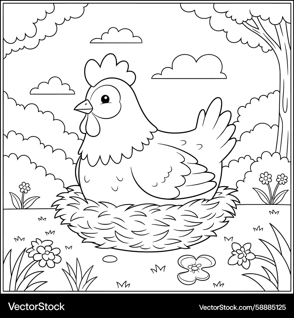 Hen In Nest Coloring Page Cute Farm Bird Sitting Royalty Free Vector VectorStock