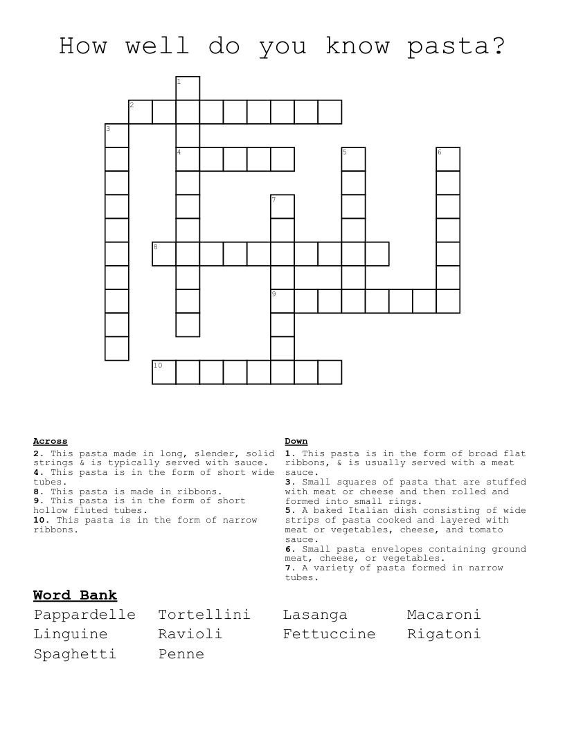 How Well Do You Know Pasta Crossword WordMint How Well Do You Know Pasta Crossword WordMint