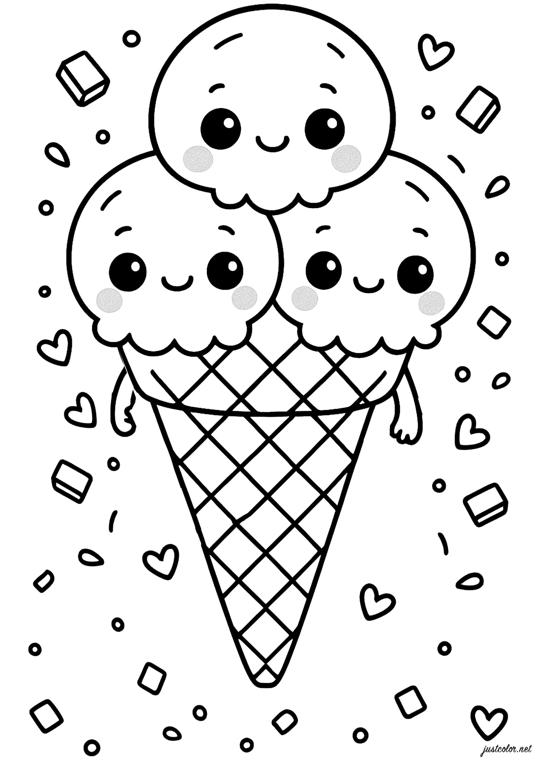 Ice Cream With Three Scoops Kawaii Coloring Pages Ice Cream With Three Scoops Kawaii Coloring Pages