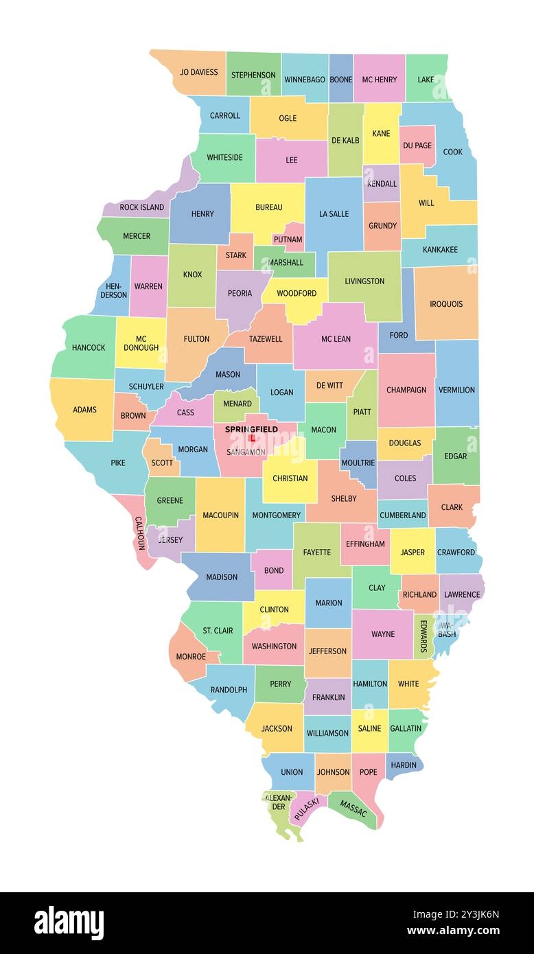 Illinois U S State Subdivided Into 102 Counties Multi Colored Political Map With Capital Springfield Borders And County Names Stock Photo Alamy